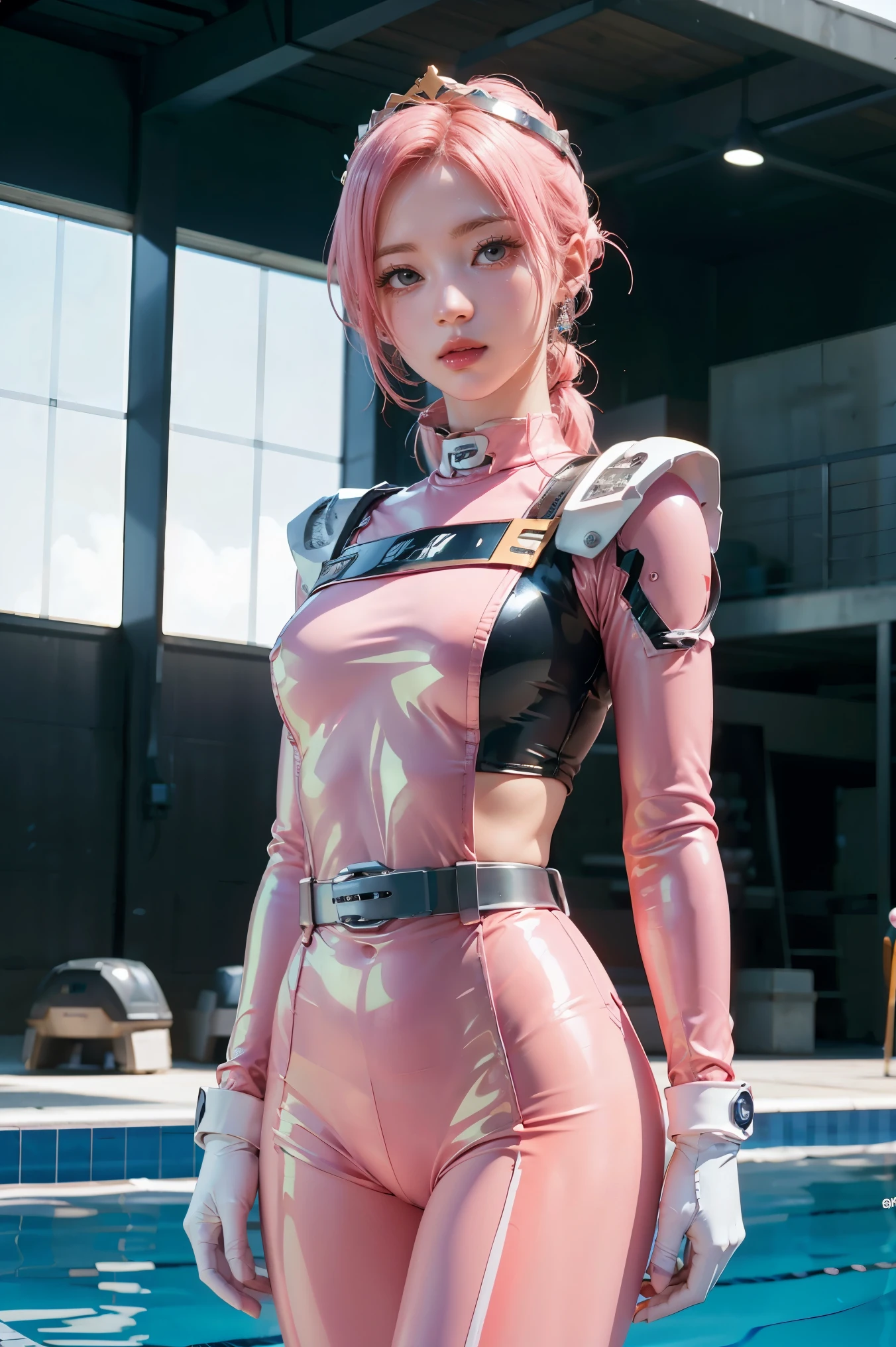 (8k, RAW photo, best quality, masterpiece), ultra high resolution, (realistic, photo-realistic), 1girl, emotionless, solo, pink hair, yellow eyes, professional lighting, detailed lighting, backlight, depth of field, natural lighting, sharp focus, two meter shooting distance, professional photo shoot, detailed eyes, realistic eyes, detailed shadow, cg game, cosplay, pink clothes with arm ring, suspenders, upper body, pink clothes, exterior, crown, Gundam, Mecha, robot, 1boy, white, full body, Illustration, cinematic light, high resolution, best quality, ultra detailed, masterpiece, power suit, powerranger, suit, spd, (silver royal guard ranger suit), gold detail, Highly detailed CG unity 8k wallpaper, Top Quality, A highly detailed, Masterpiece, realisitic, Photorealistic, very detailed cute girl, (25 Years Old), blush, round eyes, Medium Tits, viewer, semi-body shot, swimming race suit, Swimming arena