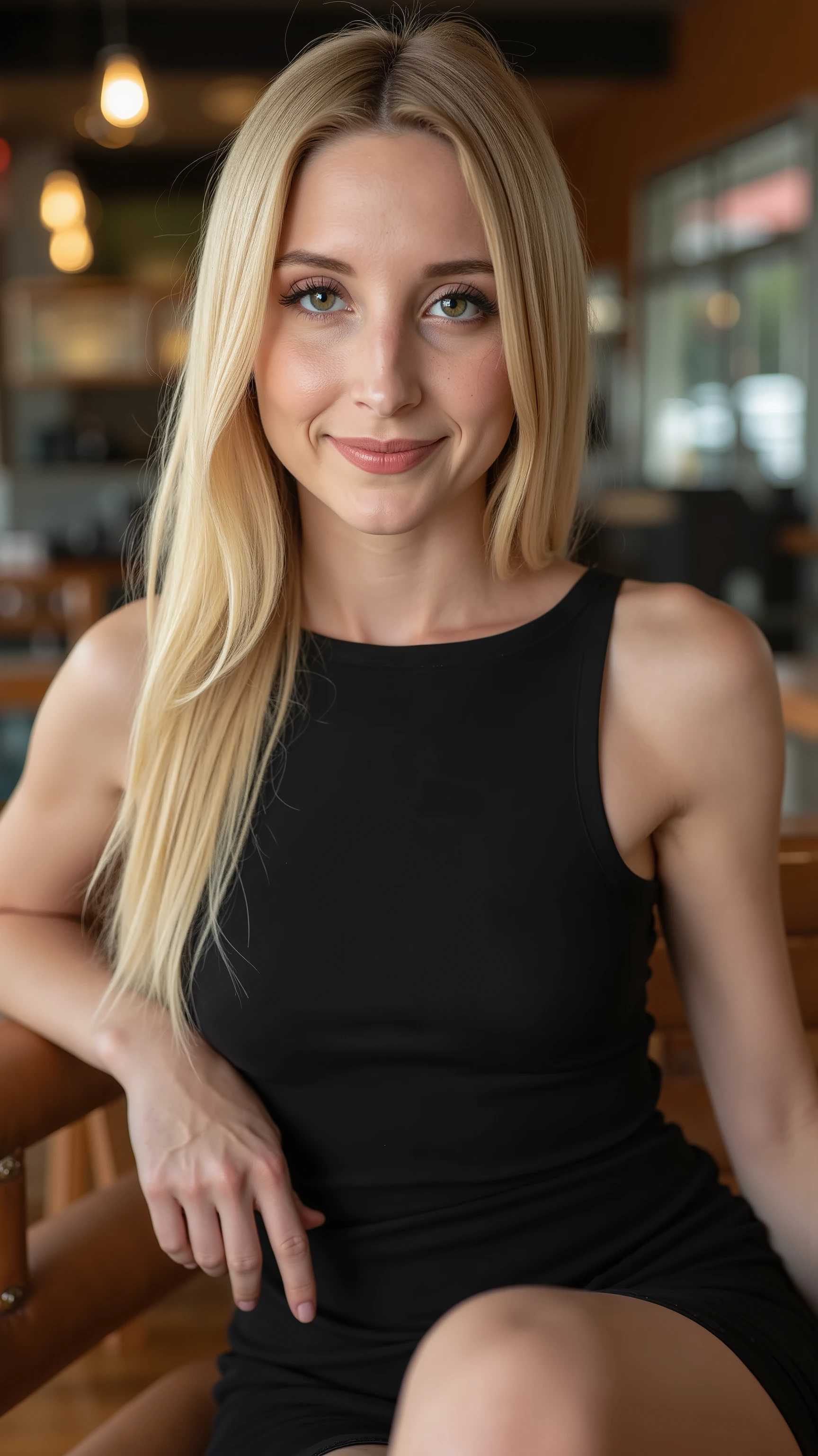 This is a beautiful  closeup photograph of a woman, she has long straight blonde hair and dark blue eyes.  Wearing a form fitting  boatneck dress,  Sitting in a cafe. Flirting at the viewer. Smile, Captured with a Sony A7R IV camera and a 50mm f/1.2 G Master lens for a beauty editorial shoot, this composition highlights her fashion-forward aesthetic. Inspired by avant-garde fashion photography from Sølve Sundsbø, this image blends contemporary fashion and minimalist elegance, embodying mythp0rt and niji_flux styles for a sleek, high-fashion vision. ((glow_skin, iridescent skin, oily skin, portrait)). ((no logo))