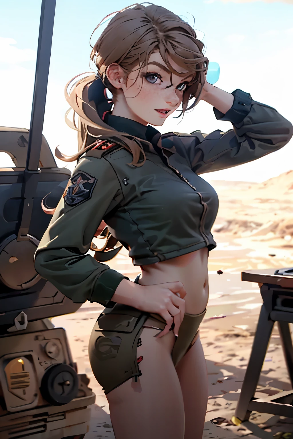  very pretty girl . She is 28 years old .  Breast size 3  . height 180 cm .  light grey eyes  . brown-haired . .  Wearing military uniform . soldier .  She shoots with a gun . She smiles angrily  .