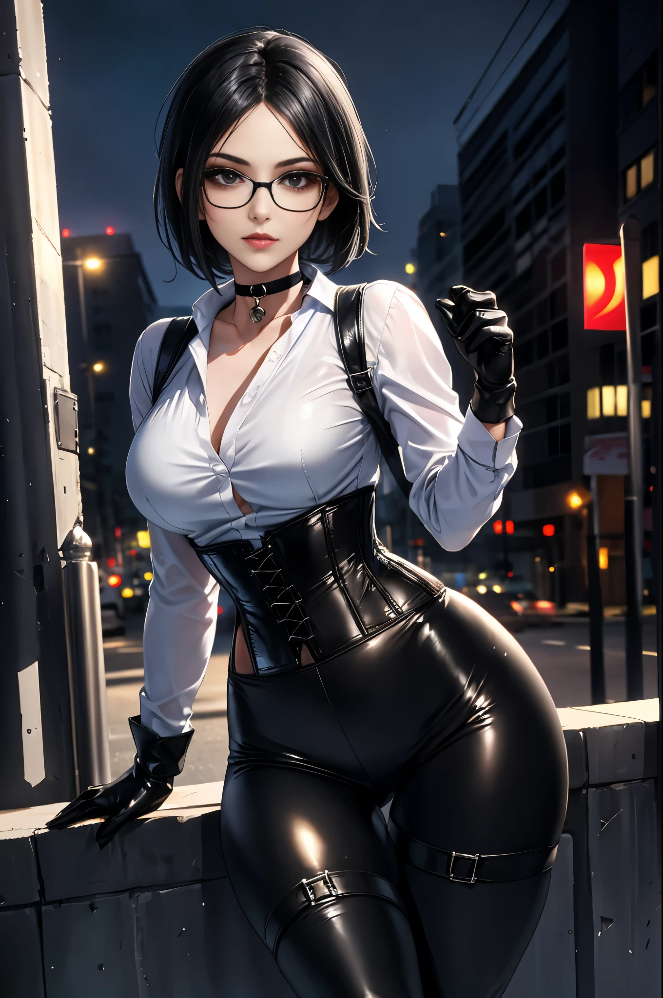 masterpiece , envelopes, HDR-10, volumetric lighting, ( perfect hands), There is a person, standing, (pose sexy), ( seen from the front ), looking at the spectator, seductive look, Detailed eyes, black eyes , sensual lips, short black hair , glasses, choker : 1.6, (white long sleeve buttoned shirt), (black straps), (black leather corset), ( shiny black leggings), black gloves, ((thigh harness)), street, city, at night