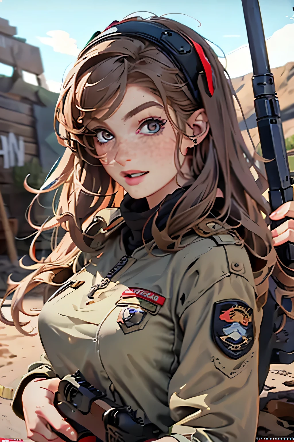  very pretty girl . She is 28 years old .  Breast size 3  . height 180 cm .  light grey eyes  . brown-haired . .  Wearing military uniform . soldier .  She shoots with a gun . She smiles angrily  .