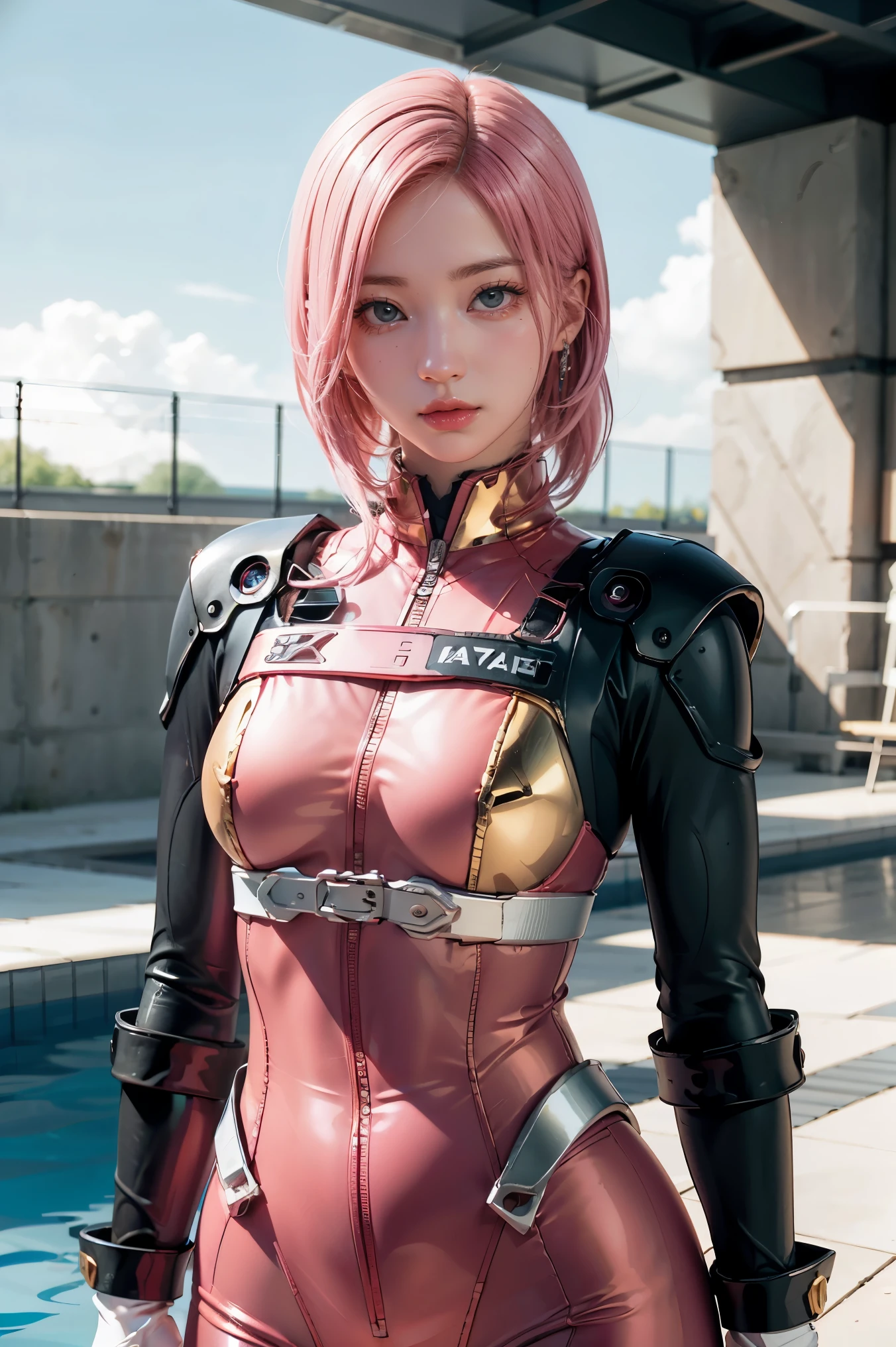(8k, RAW photo, best quality, masterpiece), ultra high resolution, (realistic, photo-realistic), 1girl, emotionless, solo, pink hair, yellow eyes, professional lighting, detailed lighting, backlight, depth of field, natural lighting, sharp focus, two meter shooting distance, professional photo shoot, detailed eyes, realistic eyes, detailed shadow, cg game, cosplay, pink clothes with arm ring,  suspenders, upper body, pink clothes, exterior, crown, Gundam, Mecha, robot, 1boy, white, full body, Illustration, cinematic light, high resolution, best quality, ultra detailed, masterpiece, power suit, powerranger, suit, spd, (silver royal guard ranger suit), gold detail, Highly detailed CG unity 8k wallpaper, Top Quality, A highly detailed, Masterpiece, realisitic, Photorealistic, very detailed cute girl, (25 Years Old), blush, round eyes, Medium Tits, viewer, semi-body shot, swimming race suit, Swimming arena