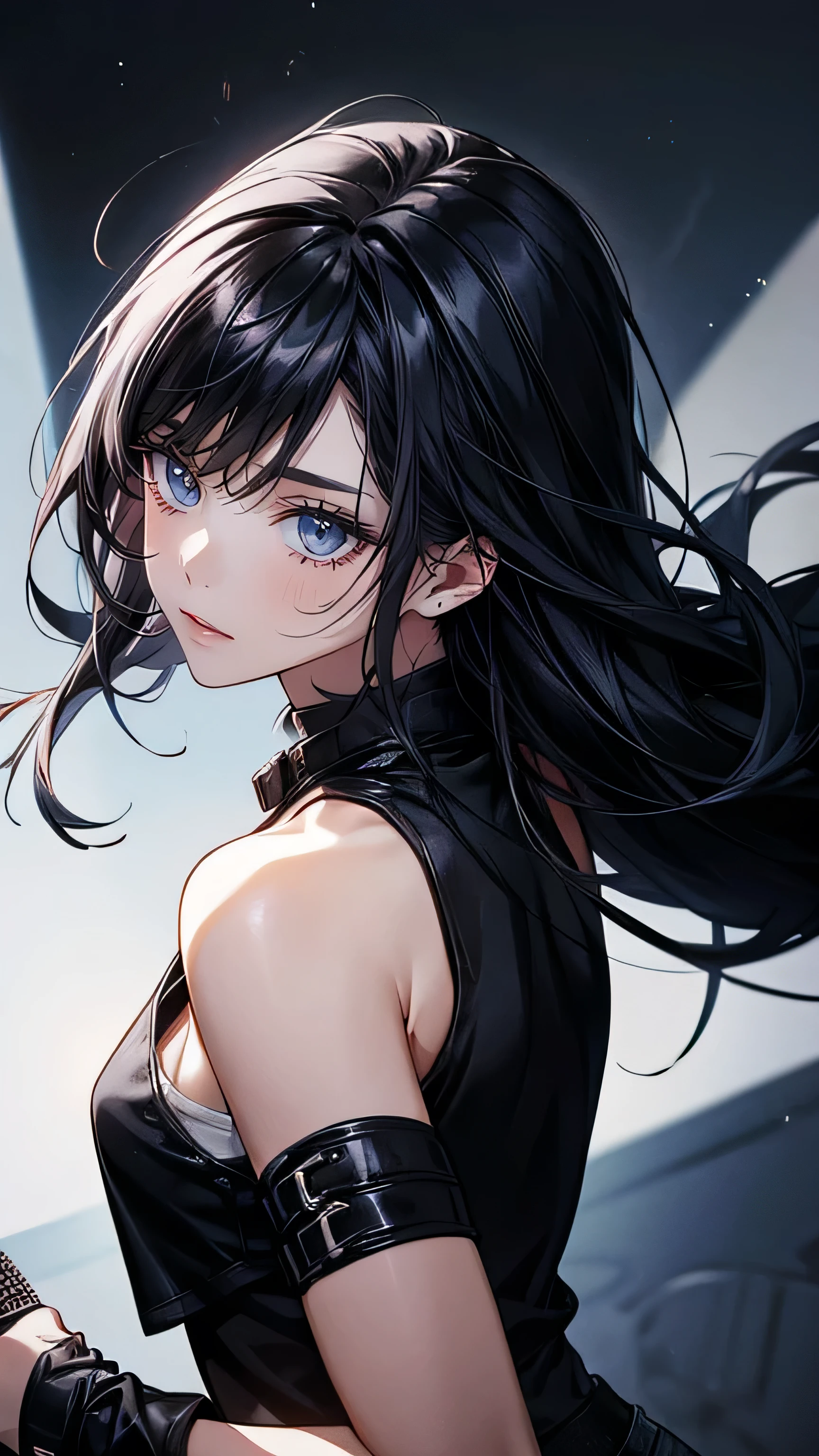 absurderes, ultra-detailliert,bright colour,(in 8K:1.3),masuter piece,extremely beautiful detailed face and eye, 25 years old,(Smooth straight black hair), (Shiny long hair),(Pattsun bangs), (Deep blue eyes) Delicate beautiful face, red blush, (wearing black shirt) right side face position, plain black background.