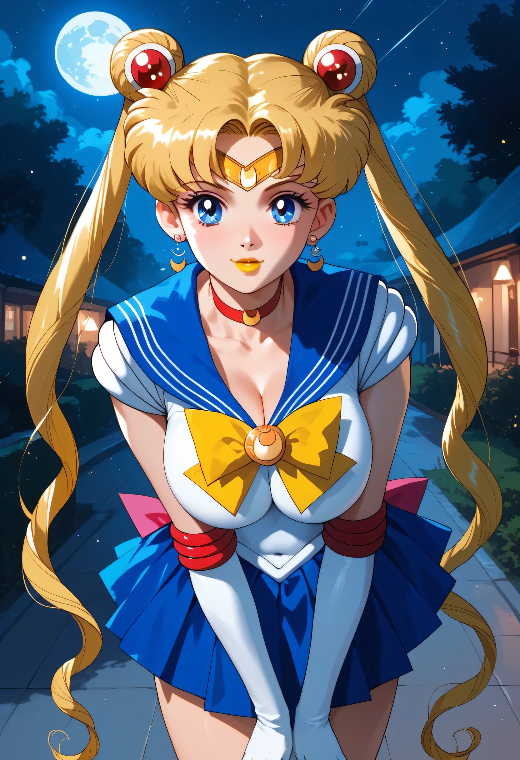 woman, big breasts, yellow lipstick, anime style, white skin, blue eyes, blonde hair, night, pigtails, blue skirt, Sailor Moon