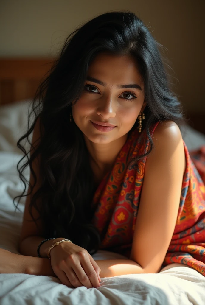 a woman wearing sharee, leaning slightly on the railing of the open balcony and looking outside, open black hair, hair flowing with air, side view, some green small trees