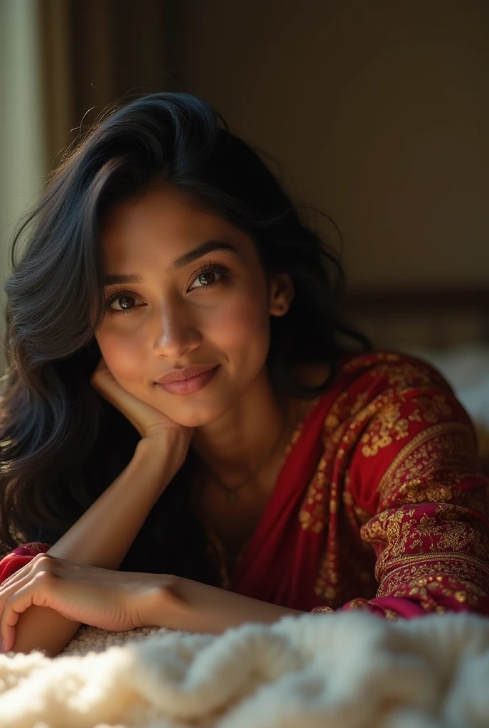 a woman wearing sharee, leaning slightly on the railing of the open balcony and looking outside, open black hair, hair flowing with air, side view, some green small trees