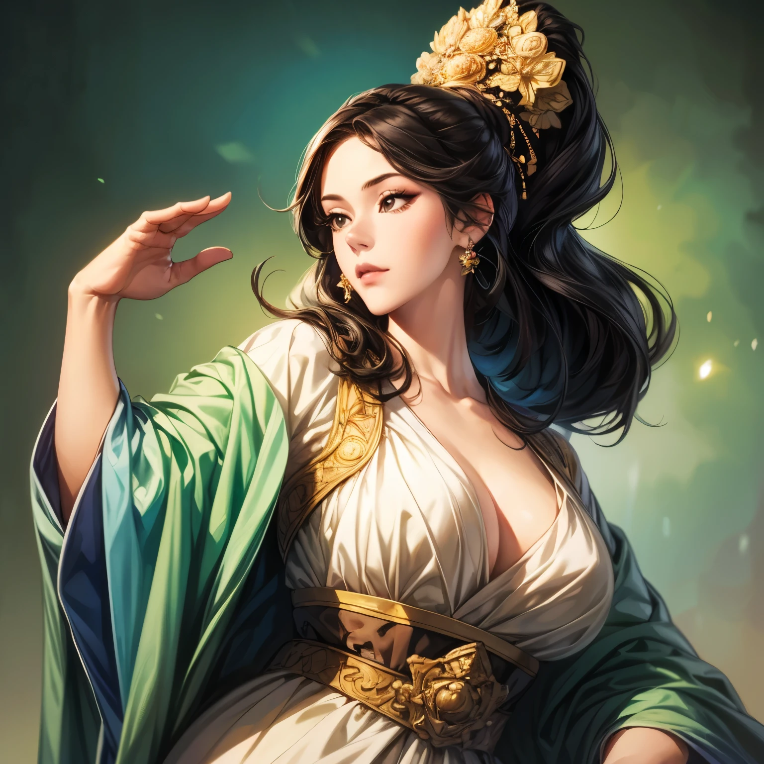 beautiful woman in rococo style, oil painting, Illustration of Three Kingdoms Jiyeon , Female solo, detailed face , perfect hand , elegant pose , watercolor landscape background , ( top quality, 4K, 8k, high resolution, masterpiece: 1.2), Very detailed, Very detailed된 눈과 얼굴, long lashes, vivid colors , studio light , Elegance, intricate details , movie lights , (Create an image from the thigh to the top of the head), blurry background