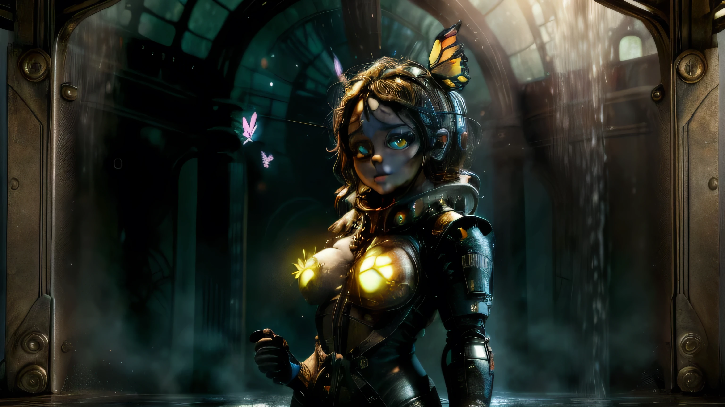 ( masterpiece, best quality :1.2), BigDaddyBS _soul3142, 1girl, black hair , undress, luminous, error, robot, butterfly, luminous eyes