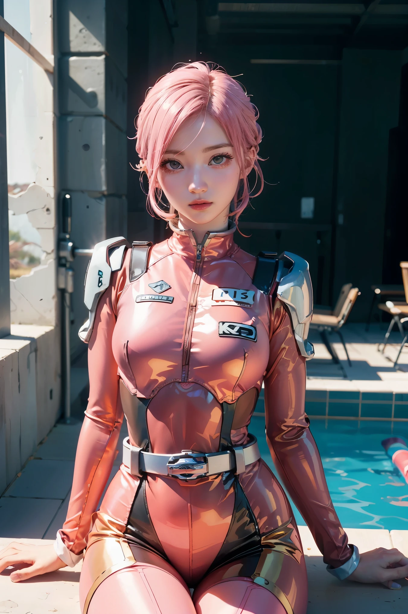 (8k, RAW photo, best quality, masterpiece), ultra high resolution, (realistic, photo-realistic), 1girl, emotionless, solo, pink hair, yellow eyes, professional lighting, detailed lighting, backlight, depth of field, natural lighting, sharp focus, two meter shooting distance, professional photo shoot, detailed eyes, realistic eyes, detailed shadow, cg game, cosplay, pink clothes with arm ring, suspenders, upper body, pink clothes, exterior, crown, Gundam, Mecha, robot, 1boy, white, full body, Illustration, cinematic light, high resolution, best quality, ultra detailed, masterpiece, power suit, powerranger, suit, spd, (silver royal guard ranger suit), gold detail, Highly detailed CG unity 8k wallpaper, Top Quality, A highly detailed, Masterpiece, realisitic, Photorealistic, very detailed cute girl, (25 Years Old), blush, round eyes, Medium Tits, viewer, semi-body shot, swimming race suit, Swimming arena