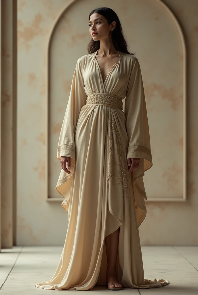 Design old jewish ancient priestly dress in modern design style for a lady long sleeve with belt