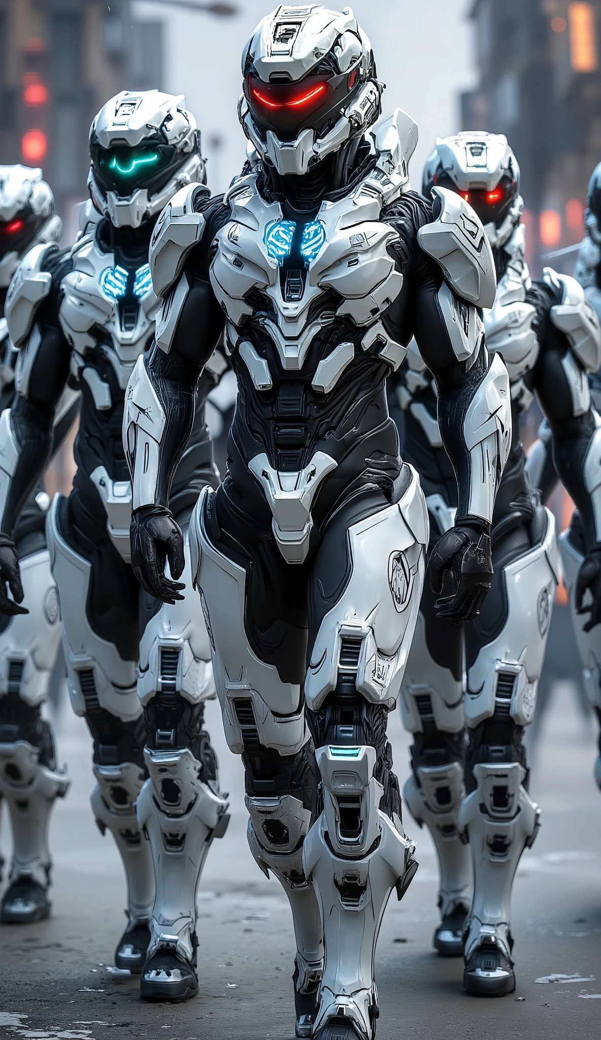 5 mans, in futuristic white cyborg armor, with carbon details, with red and blue neons, a police emblem on the chest, futuristic military armor, realistic details, walking in a futuristic city patrolling, year 2199,