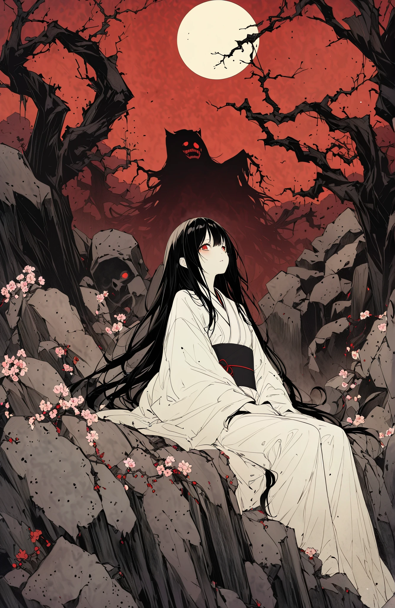 White silk kimono。A beautiful woman in the mist,sitting on rubble。Black belt。Scoffing。Droopy eyes。Very long black hair,Red eyes,Red tears, Dead skin。alone。darkness。fear。Spooky atmosphere。Japan。night。cherry blossoms。full moon。Red Sky。cherry blossomsの花。Horror,Chiaroscuro,Looking up。
