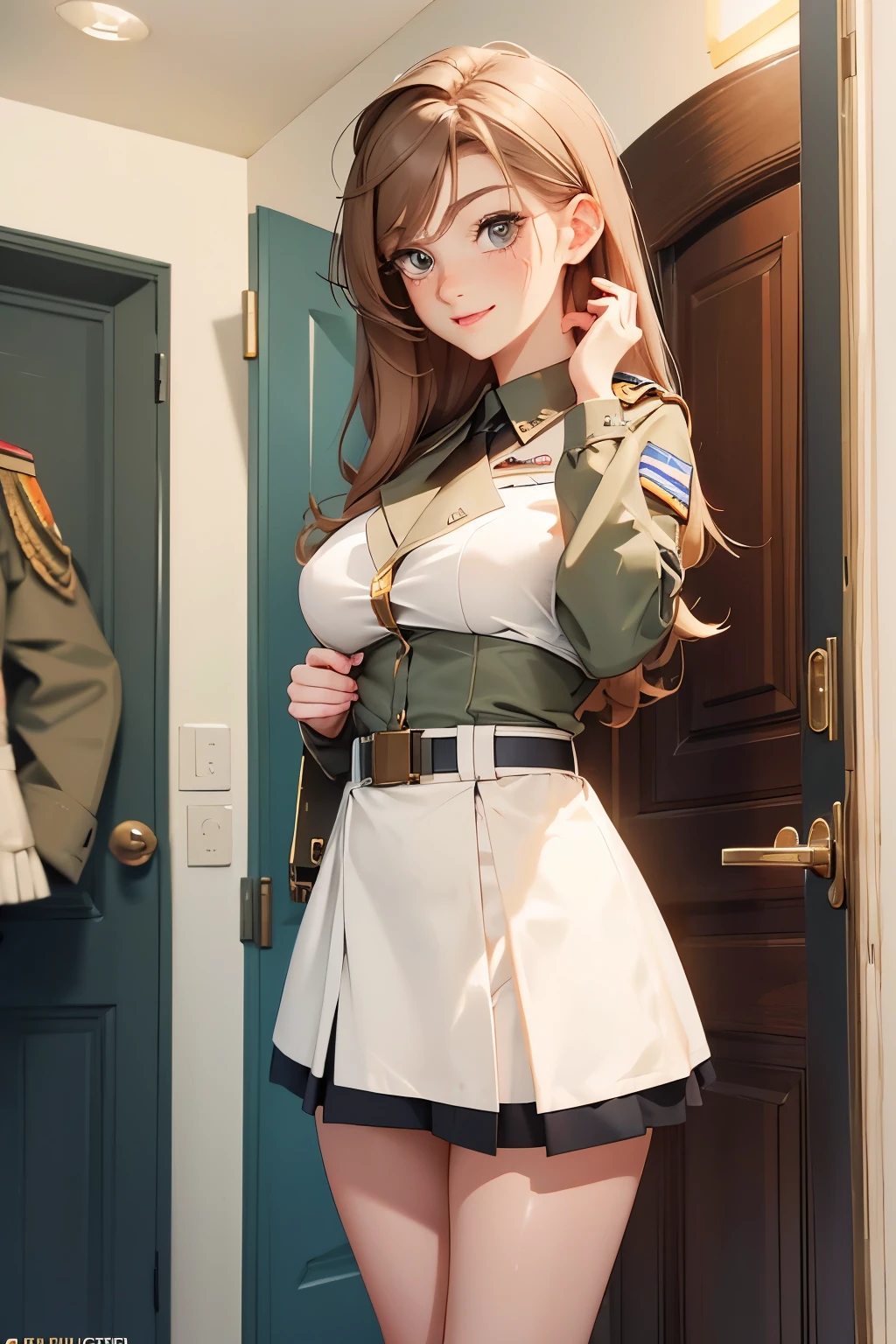  very pretty girl . She is 28 years old .  Breast size 3  . height 180 cm .    light grey eyes  . brown-haired .  She smiles slutly .  Wearing military uniform . Army officer. She films herself  . shaved pussy lifted her skirt  ,  the vagina is visible .  