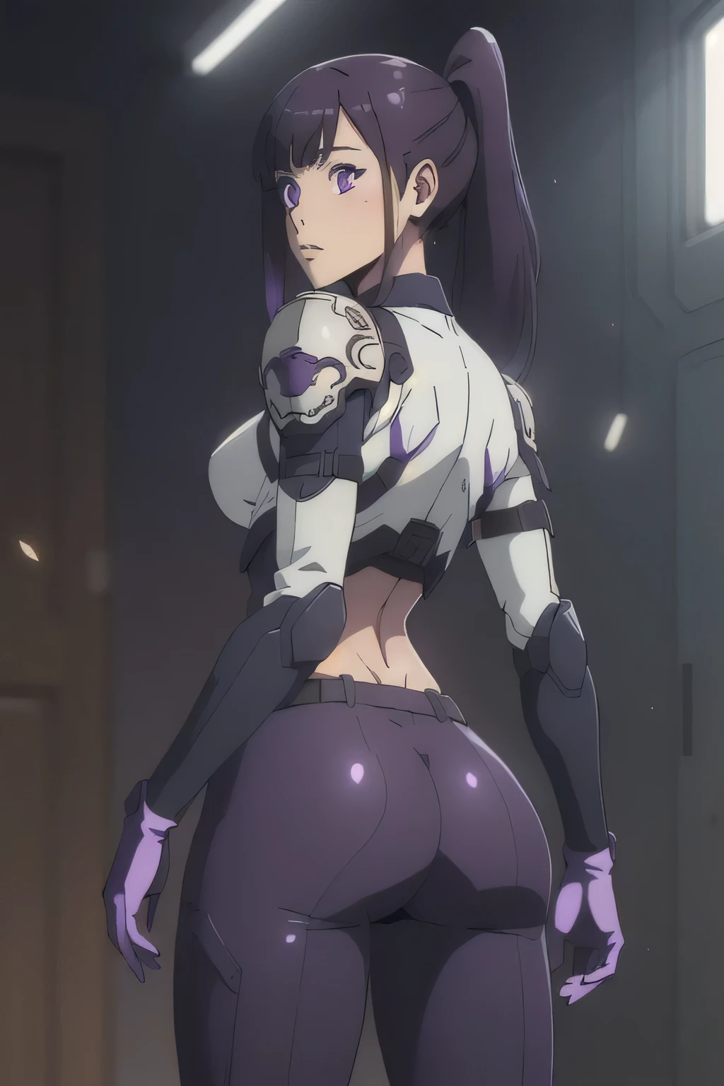 1 girl in, 18, photo of Sung Jinha, Solo Levelling Waifu, photo of perfect woman, Solo, Aesthetic artwork, (long hair, straight purple hair, long ponytail, dark purple hair, bangs: 1.25), (violet eyes, clear skin, fare skin, small breasts, B-cup, runners body, very thin waist, skinny, petite, detailed skin texture, (Masterpiece), (shot from behind, focus on ass:1.2), ((she wears a detailed tactical gear:1.1), (body armor:1.1), combat pants, gloves, (intricate Sci-Fi background:1.1), (extremely detailed 8k wallpaper), soft lighting, high quality, film grain, 50mm, High Detail, Sharp focus, (natural light), (cowboy photo:1.2), light particles