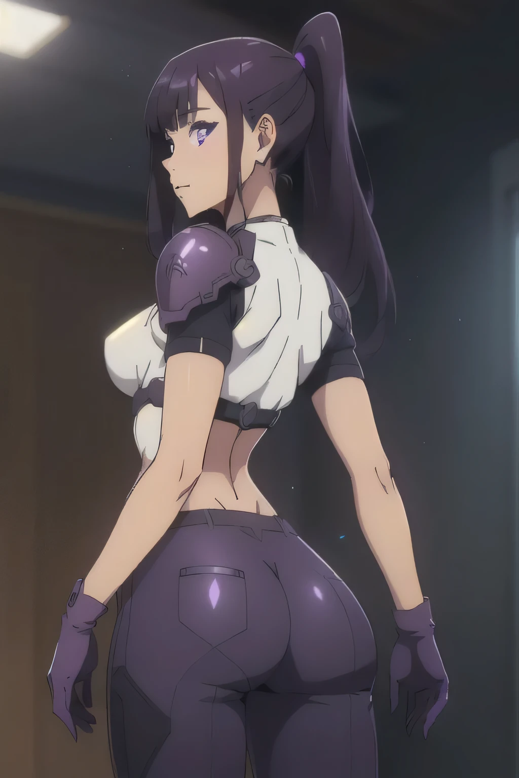 1 girl in, 18, photo of Sung Jinha, Solo Levelling Waifu, photo of perfect woman, Solo, Aesthetic artwork, (long hair, straight purple hair, long ponytail, dark purple hair, bangs: 1.25), (violet eyes, clear skin, fare skin, small breasts, B-cup, runners body, very thin waist, skinny, petite, detailed skin texture, (Masterpiece), (shot from behind, focus on ass:1.2), ((she wears a detailed tactical gear:1.1), (body armor:1.1), combat pants, gloves, (intricate Sci-Fi background:1.1), (extremely detailed 8k wallpaper), soft lighting, high quality, film grain, 50mm, High Detail, Sharp focus, (natural light), (cowboy photo:1.2), light particles