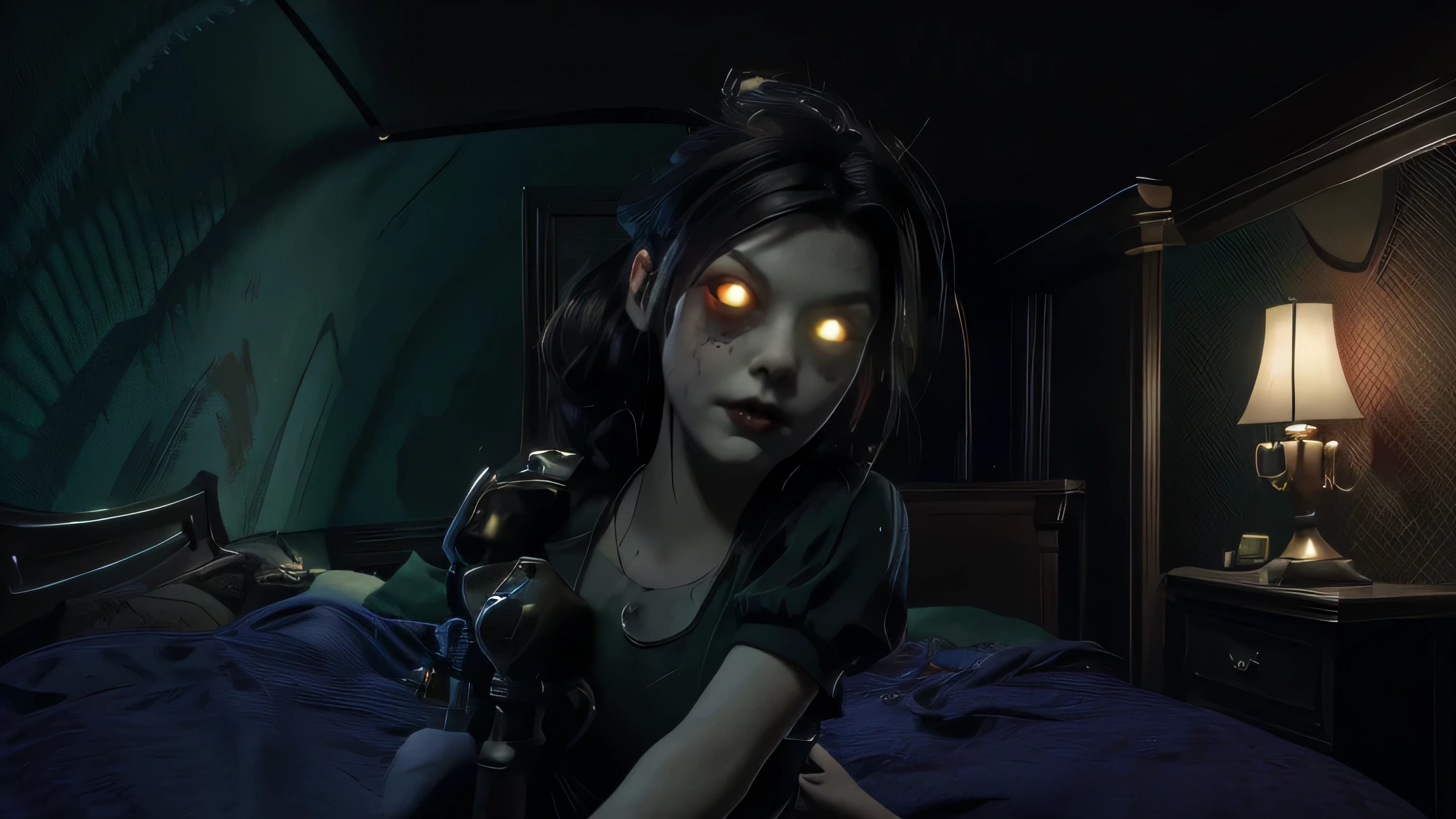 masterpiece, high resolution, image of the beautiful cyberpunk Mila Kunis the Goth Fairy, green eyes, black hair best quality , 8 k, best quality , super detailed ,2girl, , 2girl, lilsis , filthy, Blood, pajamas undress, black hair , undress, horror \(topic\), glowing eyes , creepy , (bedroom:1.4)