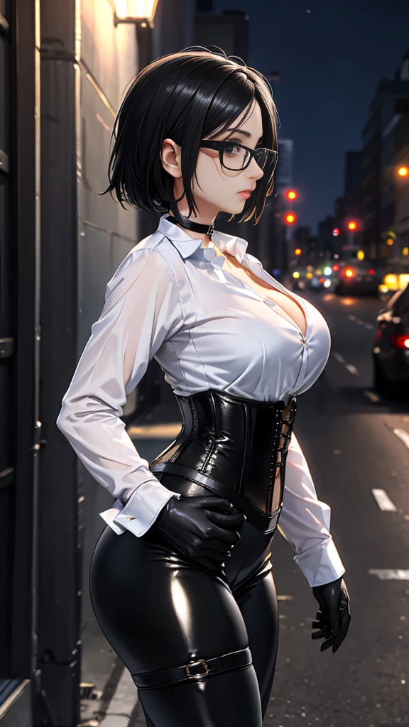 Masterpiece, Best Quality, (perfect anatomy,realist:1.3, front view, facial focus,(without looking at the viewer:1.2), (1 girl in:1), 1 woman, (big breasts:1.2), sexy body, thin waist, Attractive front curves, round and soft chest, disgusted face, (black fur:1.6, short hair), evening, Heavy Rain, exterior, City, crop top, transparent glasses, choker 1:6, (White long sleeve collar shirt:1.4), (corset black leather), black gloves covering hands, (shiny black tight mini skirt), blood stains, Dark alley, blood splattered on the floor, bright red light, bright Eyes, depth of field, night sky, Atmosphere, holding a sword with the right hand, perfect hands