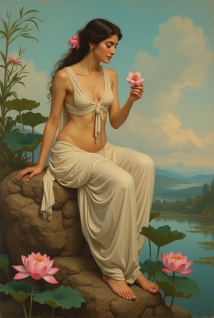 a woman wearing sharee, leaning slightly on the railing of the open balcony and looking outside, open black hair, hair flowing with air, side view, some green small trees