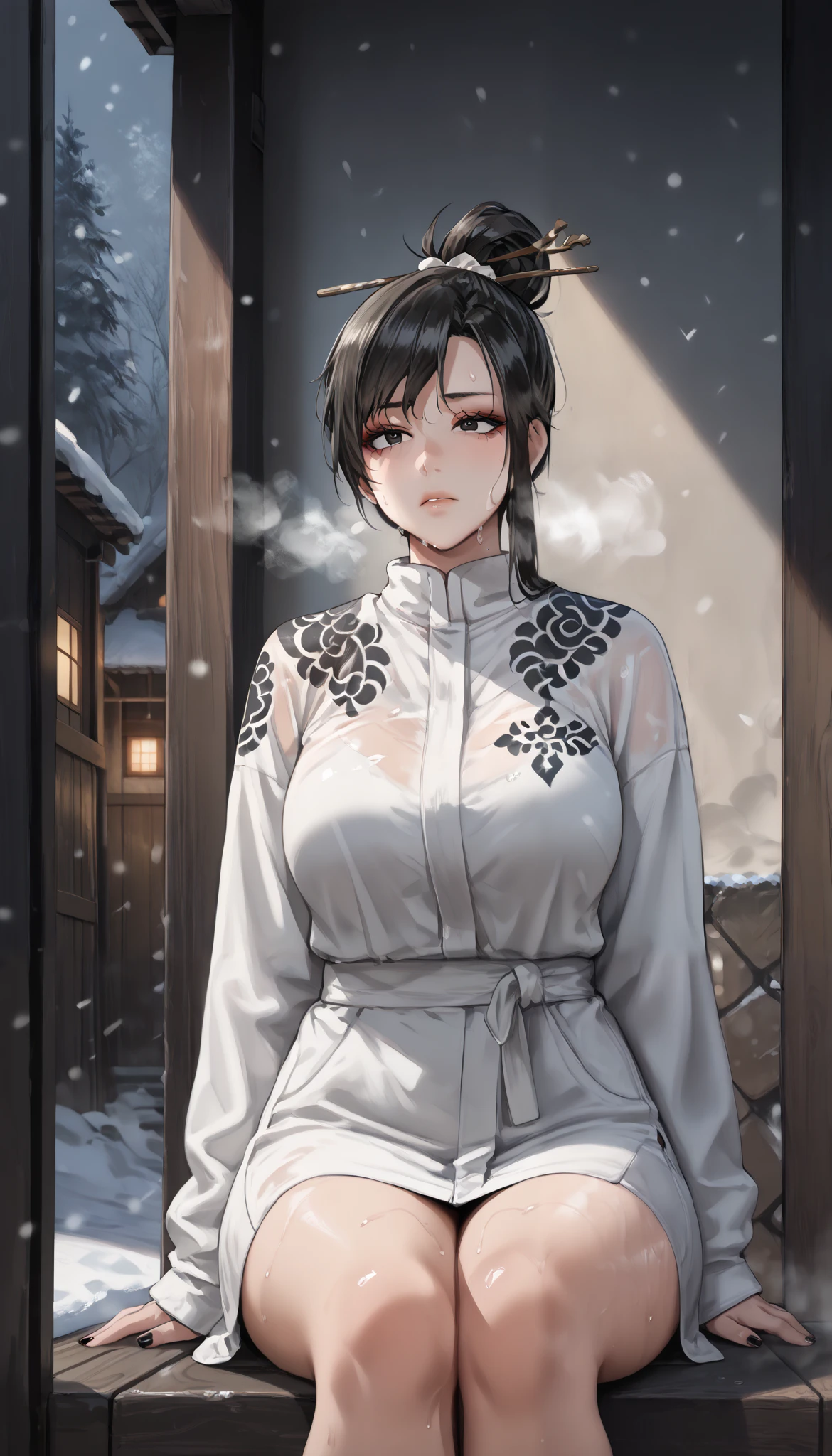 score_9, score_8_up, score_7_up, score_6_up, uncensored, SayoLOR, tattoo on body, black hair, single hair bun, hair stick, black eyes, blank eyes, anime coloring, anime screencap, (voluptuous:1.3), (thick:1.3), BREAK UHD, retina, masterpiece, accurate, anatomically correct, textured skin, super detail, high details, high quality, award winning, best quality, highres, 4K, black nails, makeup, eyelashes, excessive sweating, sweating, sweating drop, (gasping, heavy breathing:1.3), (skindentation:1.2), perfect eyes, beautiful eyes, eyelashes, makeup, detailed body, perfect body, BREAK, sitting, snowing, winter, fog, cinematic, outdoors, bokeh, bored expression, sliding door,