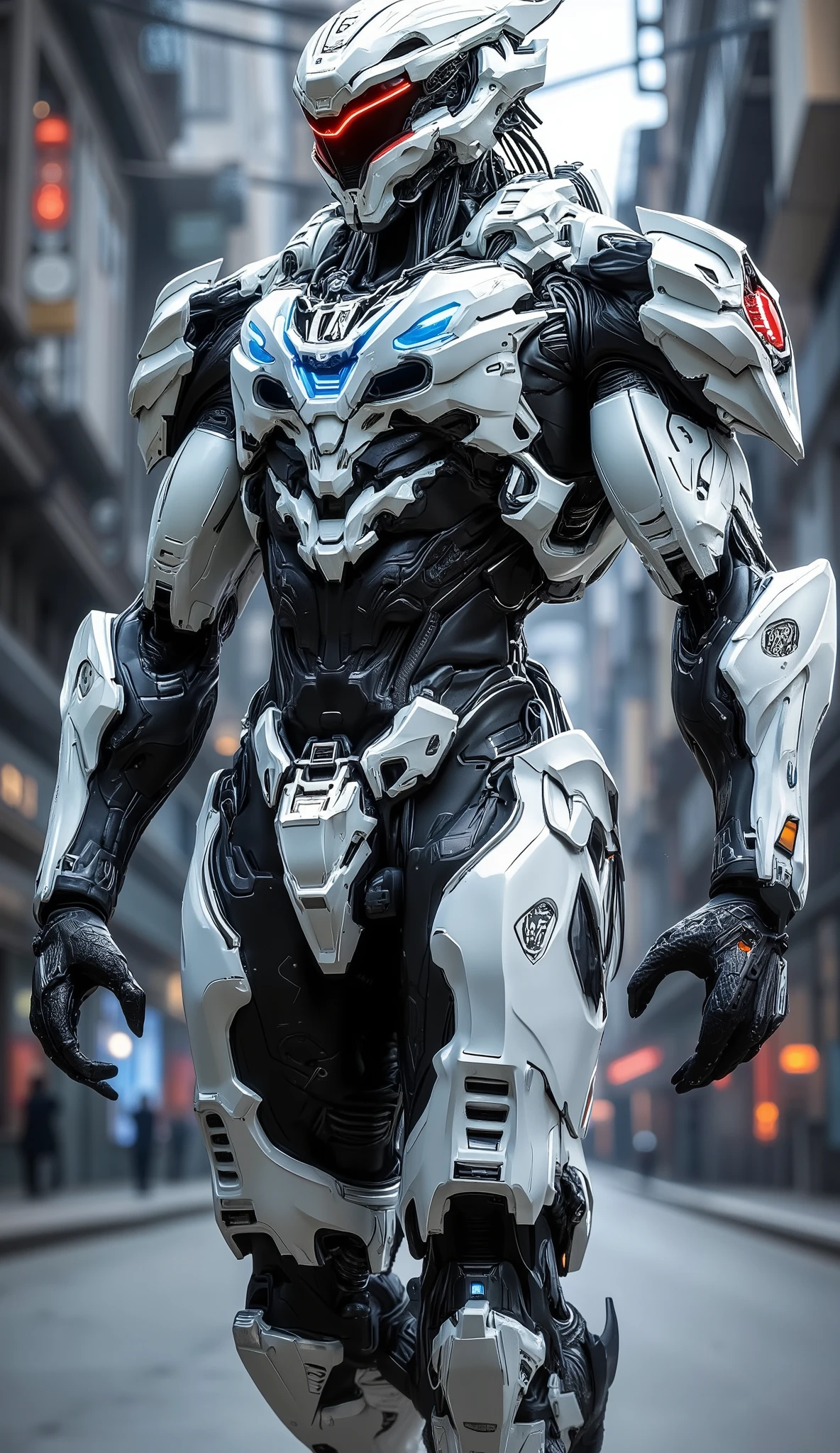 a cyborgue with 10 meter , in futuristic white cyborg armor, with carbon details, with red and blue neons, a police emblem on the chest, futuristic military armor, realistic details, walking in a futuristic city patrolling, year 2100,