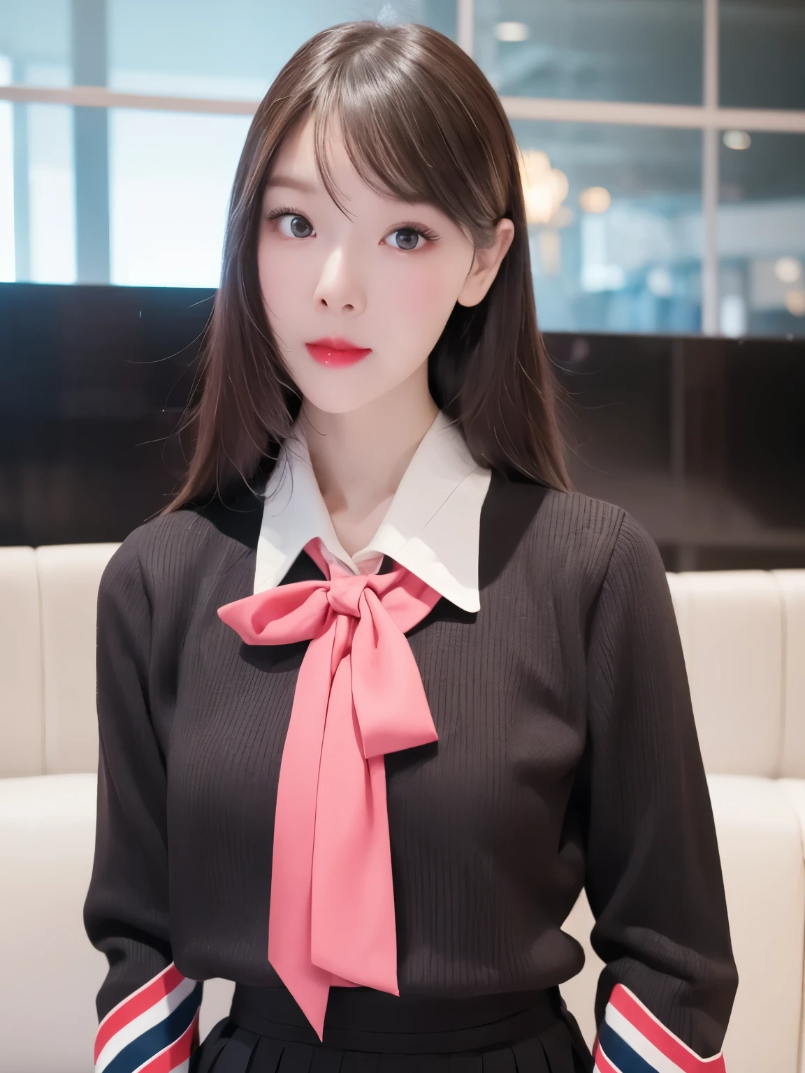 8K, masutepiece, Raw photo, Best Quality, Photorealistic, High-definition CG unified in 8K, 8K, Diamond, and wallpapers, depth of fields, Cinematic Light, Lens Flare, Ray tracing, (Extremely beautiful face, Beautiful lips, beautidful eyes), intricate detail face, ((Ultra detailed skin)) 1girll, In the Dark, deepshadow, 16 only、A dark-haired、hime-cut、Cute s, Photo of sexy woman sitting on airplane seat,Wearing a white flight attendant uniform,pleatedskirt,(very slim and slender muscular body:1.3), (Flesh-colored pantyhose:1.3),White standard flight attendant uniform, Wide buttock,being thin,red rip,黑The eye,(unholy:0.9),cross leg,(Textured fabrics:0.9),looking at viewert, (pale skin),(ssmile:0.8),Flirting with the camera,(Metallic fabric:0.5),very intricate,(realisticlying,primitive:1.5), side slits, (bblurry:0.9), facial detailing, low quality photograph, highly contrast, In-flight, slender, bow-shaped, (birthmark:0.4)