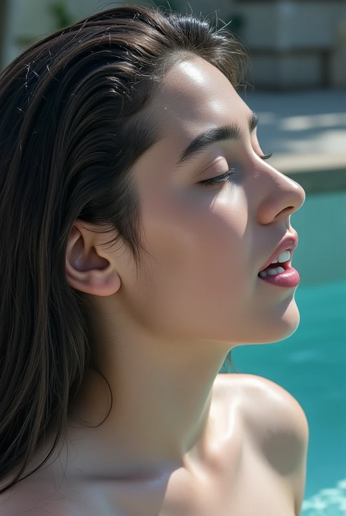 Tabletop,,Award-winning photo, Very detailed, Sharp focus on the eyes, Nose and mouth,Face Focus, Woman with open mouth and closed eyes, blue camisole、Age 35,Black-haired、Symmetrical face,Realistic nostrils、From below angle、length, Narrow C-shaped nostrils Poolside,Under the Parasol,Sweaty skin、Lighting that highlights sweaty skin、((Nose hook))Skin shiny with sweat、Glowing Skin、Sweaty hair,Beautiful Japanese actresses,smile,(Super wet skin)((Super Steam))((Realistic eyelashes with attention to detail))From below,Giving a blowjob,Micro Bikini,((Roll your eyes, Raise your eyebrows, Frowning, forehead-to-forehead, Take the spit, Drooling))