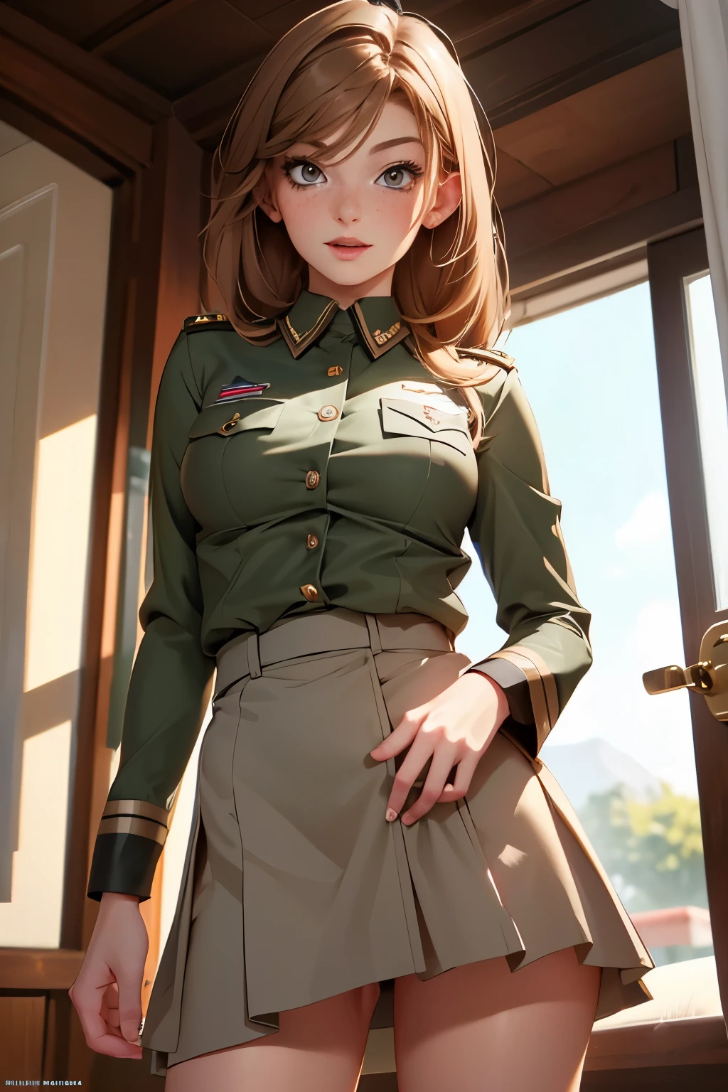 highest quality、16K high resolution、Super detailed、masterpiece、Live shooting、realistic:1.4、hyper realism:1.4、sharp focus、very delicate and beautiful、small details、1 female、(european:1.2)、(blonde)、(Skirt lift:1.3)、(no panties:1.3)、(nsfw:1.1)、 (standing, front)、(super beautiful)、(beautiful face:1.5)、(ponytail, stockings)、(detailed face)、(fine and beautiful eyes)、Perfect round eyes、(detailed lips)、Lipstick、(eyeliner)、mascara、eye shadow、(military uniform, green pencil skirt,)、white shirt、green suit, tie、At NSFW