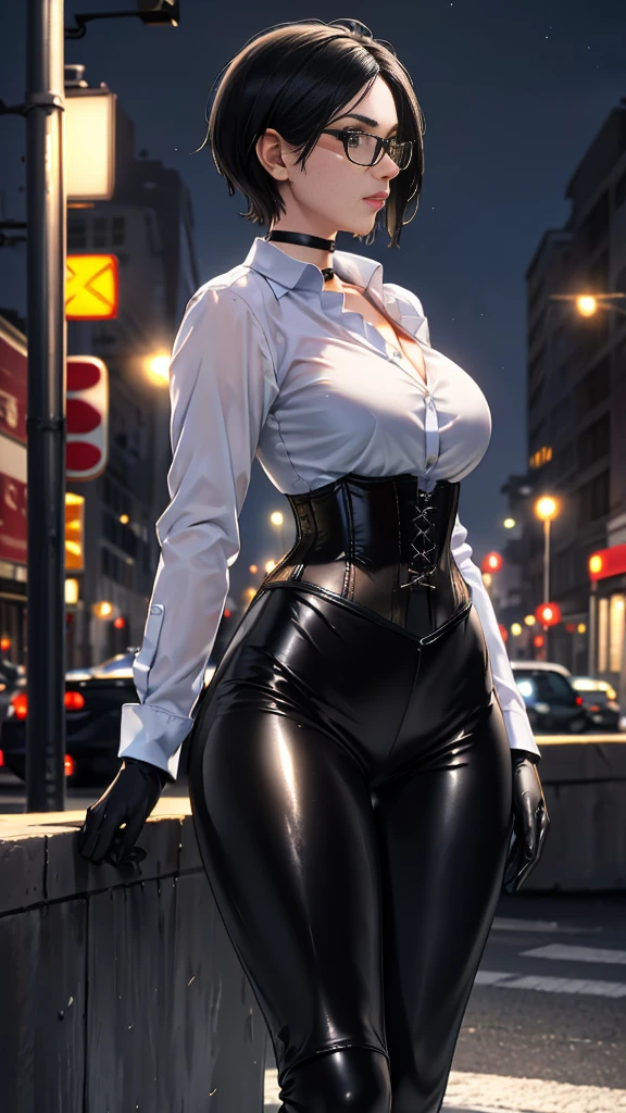 (bright red eyes)beautiful, beautiful woman, perfect anatomy, perfect body, whole body, big breasts, choker:1.6, captivating look, slight smile, realism, from behind, facial focus,(looking at the viewer:1.2) Masterpiece, Rough skin, super detailed, high detail, high quality, 最high quality, 1080P, 16k, realist, 1 girl, (Brown hair:1.6, waist length hair), crop top, shiny black leggings, Chapped lips, blush, evening, sollight, (white long sleeve collared shirt:1.4), (shiny black boots), shy, alley, por la evening, Moonlight, tokyo