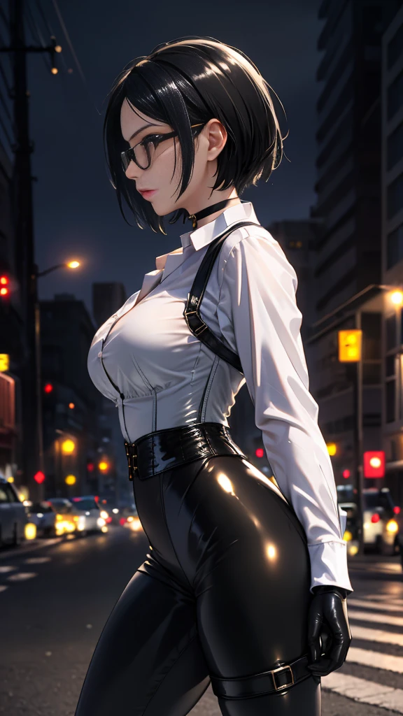 Masterpiece, Best Quality, (perfect anatomy,realist:1.3, view from behind, perfect ass, facial focus,(without looking at the viewer:1.2), (1 girl in:1), 1 woman, (big breasts:1.2), sexy body, thin waist, Attractive front curves, round and soft chest, disgusted face, (black fur:1.6, short hair), evening, Heavy Rain, exterior, City, crop top, he wears transparent glasses, choker 1:6, (White long sleeve collar shirt:1.4), black gloves covering up to the elbow, (shiny black leggings), blood stains, Dark alley, blood splattered on the floor, bright red light, bright Eyes, depth of field, night sky, Atmosphere, perfect hands