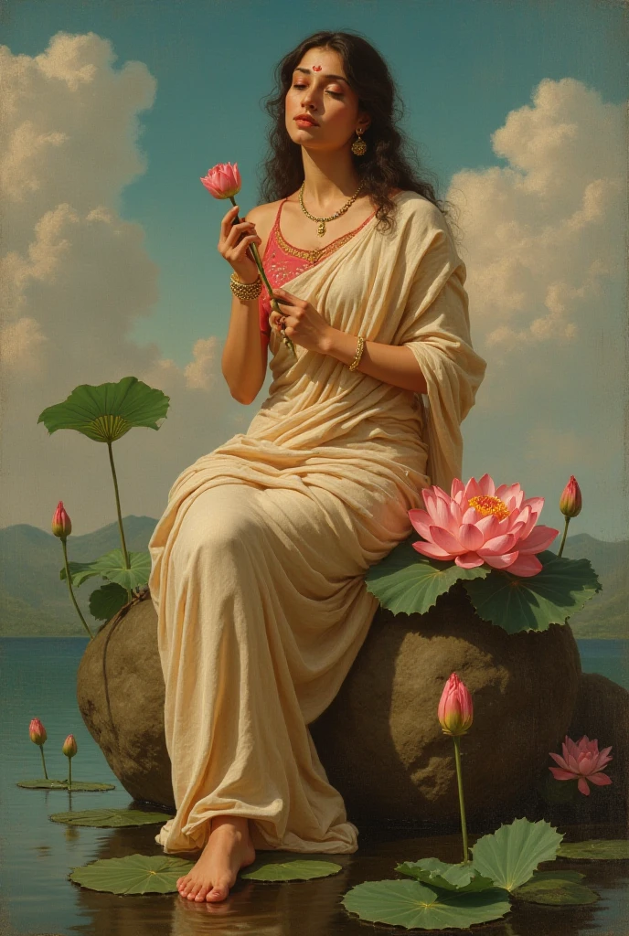 a woman wearing sharee, leaning slightly on the railing of the open balcony and looking outside, open black hair, hair flowing with air, side view, some green small trees