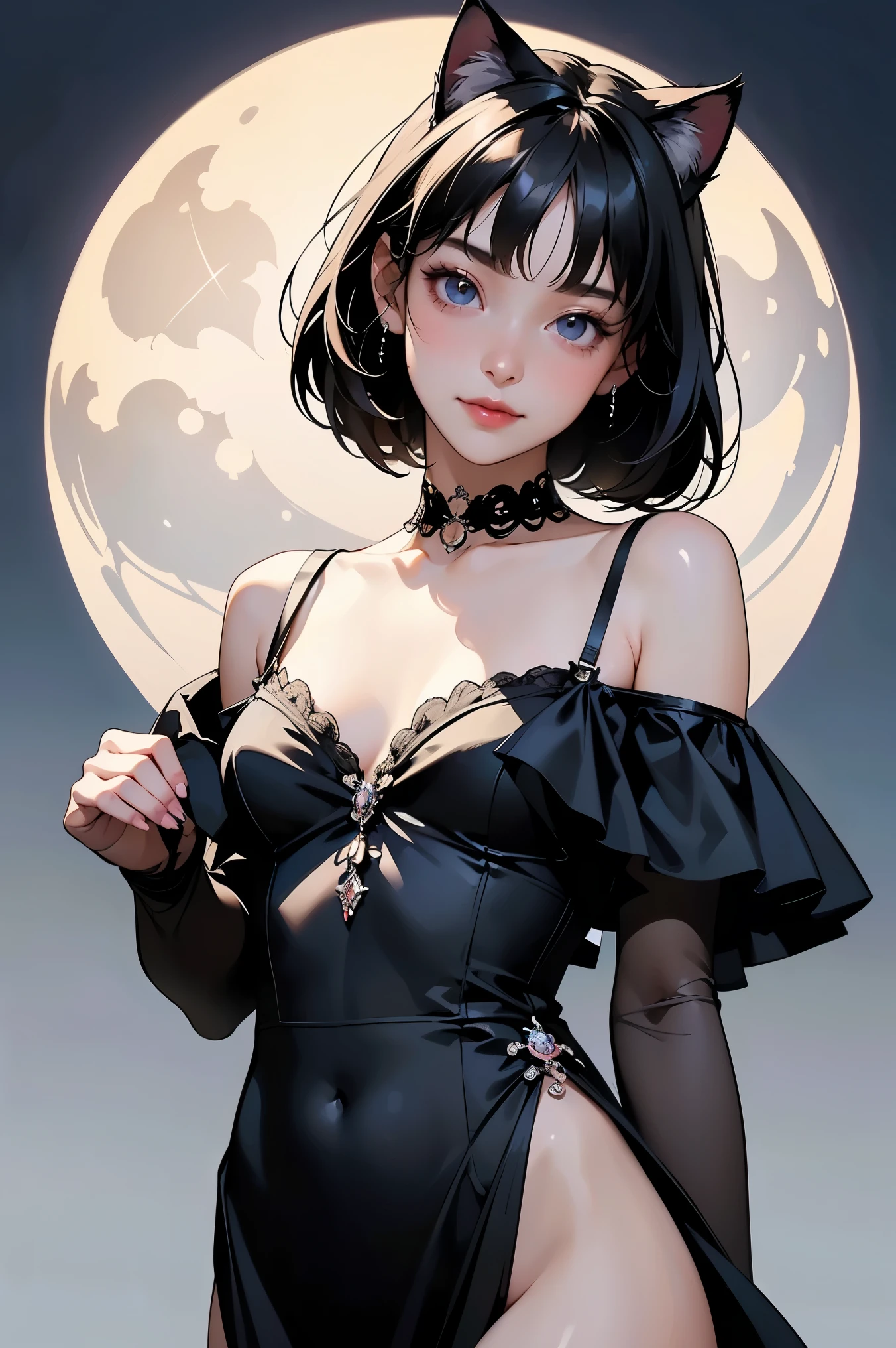 ( two girls :1.2)、whole body、( Gothic World Tea Party :1.2)、( gothic fashion :1.2)、( they are kissing each other )、 ( 、Please draw a cute face in detail )、 black hair、 short hair while on a business trip、 semi-long、 Bob Cut、 bangs、 hair ornament、(Cat ears)、 black cat costume、 White cat costume 、 choker 、( lingerie to raise armpits)、 off shoulder 、 sexy mini dress、, , , Attractive Smile、 small breasts、 soft focus、 Cinematic Light 、Soft light、 ( simple background)、( Dark Background )、(( plain background ))、(Full moon in the night sky:1.2)、4K Anime Art、( best quality , Masterpiece, high resolution)、