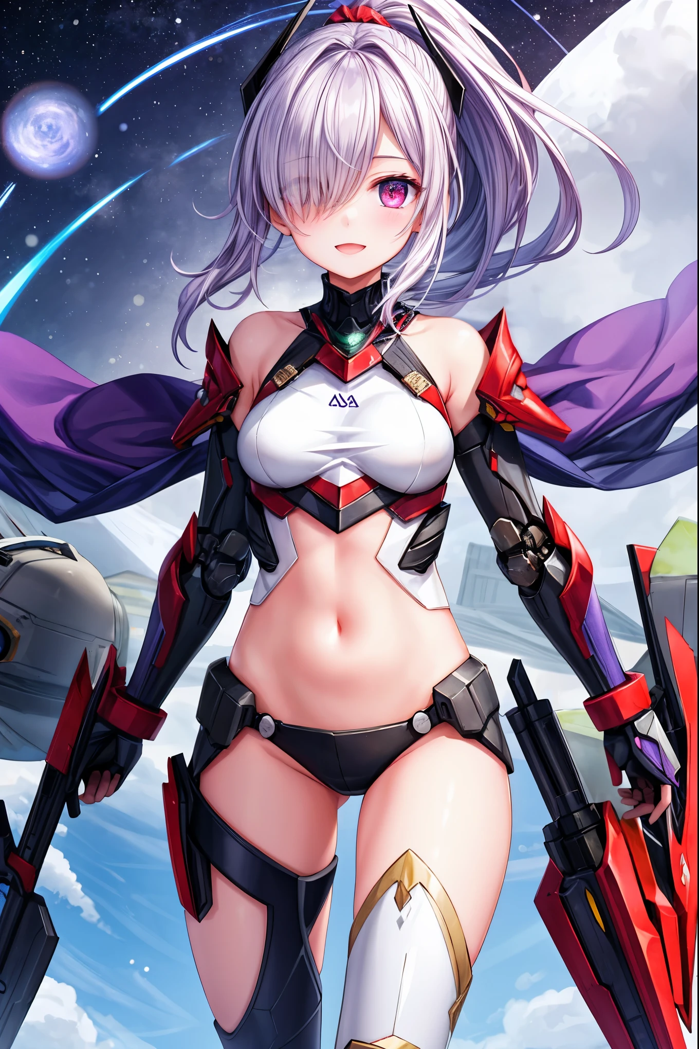 ,1girl,(teen:1.5), (short_ponytail:1.3), (light_whitish_purple_hair:1.3),black_mechanical_armor_parts,white_breasts_parts_red_black_body_suit,bare_shoulder,bare_slender_thighs,medium_breasts,on_the_desk, desk_background,Stinging_eyes,sleepy,thighhigh_greaves,gauntlets,dynamic_posing,bare_frank,metal_red_parts_armor,red_eye,solo,
fists,hold_weapon,glare,navel,large_mechanical_parts,happy,waist_armor,open_mouth,rise_legs,apart_legs, (covered_navel:1.3),(very_long_bangs:1.3), (hair_over_one_eye:1.5),(long_bang_covers_right_half_of_face:1.5),
(covered_pussy:1.1),covered_breasts,fighting,