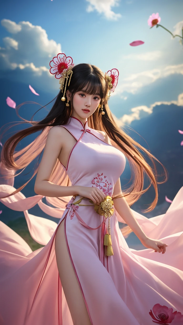 masterpiece, 1 Beautiful girls, Fine grain, highest quality, Ultra High resolution, (reality: 1.4), (backlighting, star glitter), Beautiful Skin, (Ultra-realistic), (High resolution), (8k), (Very detailed), ( Best illustrations), Pouting slightly,  (Crystal colorful lights), Extremely refined and beautiful, beautiful detailed eyes, Round eyes, detailed facial features, (Round pupils:1.4), (alluring face), Smiling lips, (small breasts:1.3), enjoy, Open lips, (Beautiful and detailed face, Beautiful and delicate eyes), pink cheek, mascara, brown hair, long hair, (cleavage:1.3), Exposed thighs, Beautiful thighs, Showing off thighs, forest, (wearing a pink monochrome traditional Chinese qipao dress  with slit:1.3), slit, her dress is monochromatic colors, dynamic pose, 