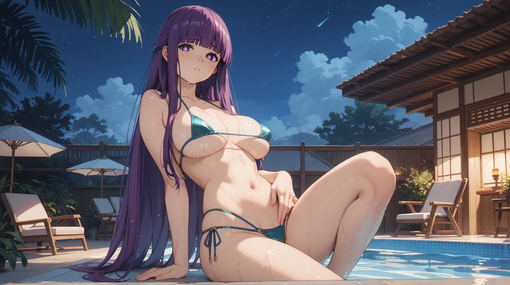 (long hair, silver hair:1.3), purple eyes, hair ornament, pale skin, curvy, anatomically correct, heavy breathing, huge breasts, mature female, best quality, masterpiece, high quality, high details, highres, HD, 1girl, nude, solo, looking_at_viewer, blurry, ass, crossed_arms, breasts, lying, shiny, shiny_skin, lips, depth_of_field, wet,  blurry_background,  large_breasts, on_stomach, blush, parted_lips, wet_hair, day, (shaded face:1.2), hollow eyes, facing viewer, purple eyes, bright pupils, smirk, lips, upper teeth, glaring eyes, nsfw,