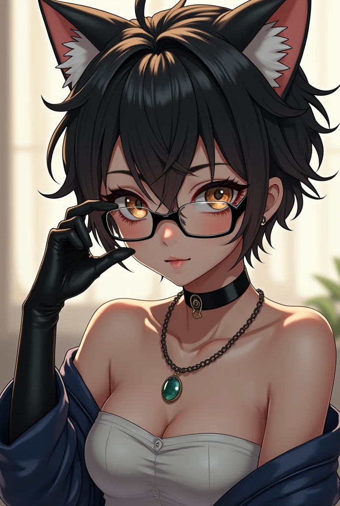 a 22 year old attractive pale student girl, wolf-cut hair, dark lipstick, perfect eyeliner, hourglass figure, small breasts, wearing a conservative dark colored dress, wears glasses, beautiful face, doe-eyes, brown hair, green eyes, miniature nose, soft lighting, high quality, 8k, ultra-detailed, realistic, photorealistic, physically-based rendering, extreme detail, professional, vivid colors, bokeh, portrait
