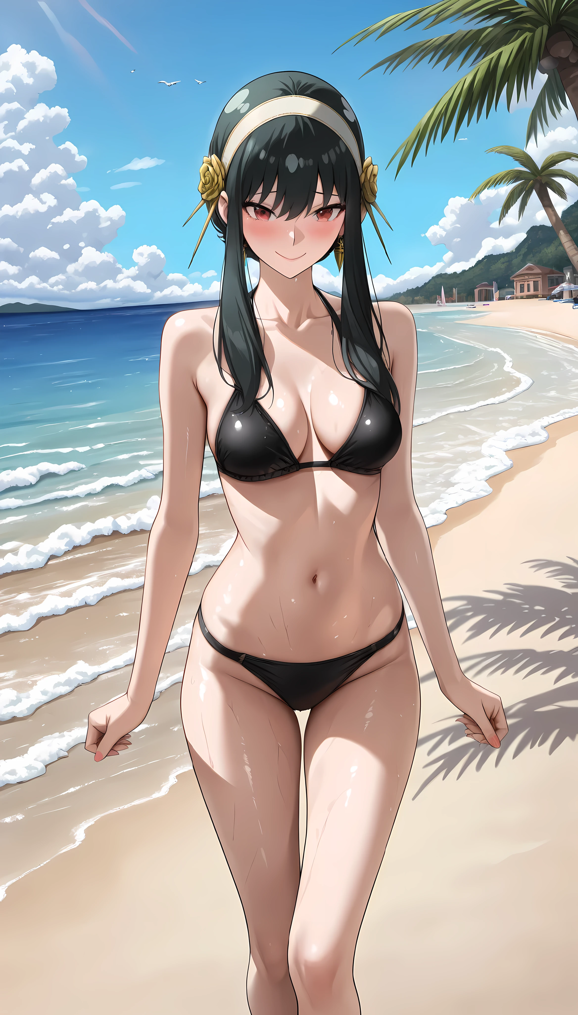 (masterpiece,best quality:1.2,amazing quality,very aesthetic,absurdres,newest, realistic ), official style, (Yor Briar,Alone,spy x family),1woman,(adult:1.2),(very small head:1.2),(ideal ratio body proportions:1.2,slender body:1.2,skinny :1.3,medium breasts),black hair,long hair,hair up,hair band,shy smile,black bikini,gleaming skin,wet,beach,Tropical、