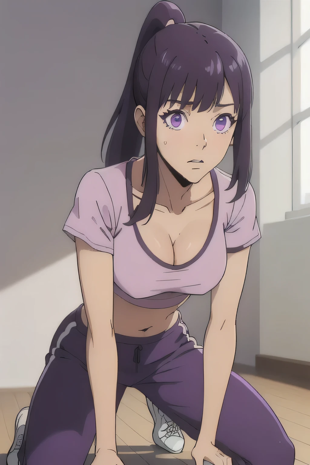 1 girl in, 18, photo of Sung Jinha, Solo Levelling Waifu, photo of perfect woman, Solo, Aesthetic artwork, (long hair, straight purple hair, long ponytail, dark purple hair, bangs: 1.25), (violet eyes, clear skin, fare skin, small breasts, B-cup, runners body, very thin waist, skinny, petite, detailed skin texture, (Masterpiece), (cleavage, focus on breasts:1.2), (blank background, plain background, blank wall, (wearing an low rise sweatpants, grey sweatpants, pink cropped t-shirt, crop top, pink shirt, cropped pink), (kneeling down before master, splits kneeling, legs apart), looking up at camera, overhead perspective), (extremely detailed 8k wallpaper), soft lighting, high quality, film grain, 50mm, High Detail, Sharp focus, (natural light), (cowboy photo:1.2), light particles