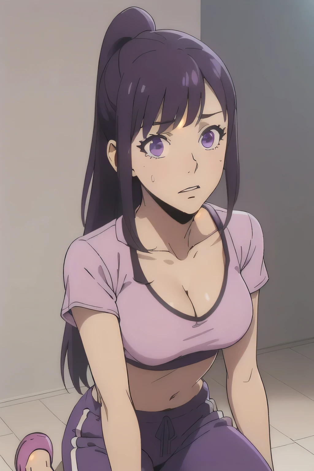 1 girl in, 18, photo of Sung Jinha, Solo Levelling Waifu, photo of perfect woman, Solo, Aesthetic artwork, (long hair, straight purple hair, long ponytail, dark purple hair, bangs: 1.25), (violet eyes, clear skin, fare skin, small breasts, B-cup, runners body, very thin waist, skinny, petite, detailed skin texture, (Masterpiece), (cleavage, focus on breasts:1.2), (blank background, plain background, blank wall, (wearing an low rise sweatpants, grey sweatpants, pink cropped t-shirt, crop top, pink shirt, cropped pink), (kneeling down before master, splits kneeling, legs apart), looking up at camera, overhead perspective), (extremely detailed 8k wallpaper), soft lighting, high quality, film grain, 50mm, High Detail, Sharp focus, (natural light), (cowboy photo:1.2), light particles
