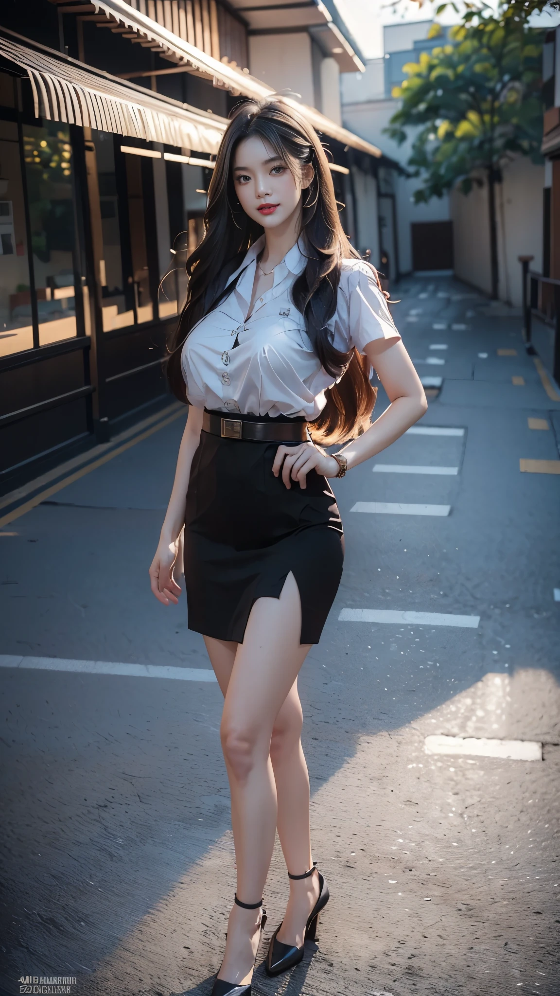 สาวสาวที่มีMy hair is very long.เป็นพิเศษ, highest resolution, 8K, high definition, (((My hair is very long., My hair is very long., My hair is very long., Extra long, Knee-length hair))), Thai Students, Half Thai, half Japanese, half Korean., Height 173 centimeters, (((stand, walk))), Beautiful face, แต่งBeautiful face, Double eyelids, red lips, smile at the corner of the mouth, beautiful eyes, Beautiful Woman, The texture is realistic., Slim white short-sleeved shirt, collar shirt, Matte black short pencil skirt, Very short, Side incision, กระโปรงสีดำด้านพร้อมbeltผู้หญิง, tight, Huge breasts, Breast augmentation, เต้าBig tits, Big tits, Plump milk, Fluffy milk, Huge breasts, Symmetrical shape, sexy figure, Thin, slim, small waist, Long legs, Beautiful thighs, Pitch black high heels, earring, Put on a watch, belt, (((full body, Look at every part of the body.))), university backdrop, building, building, lawn, outdoor sports field