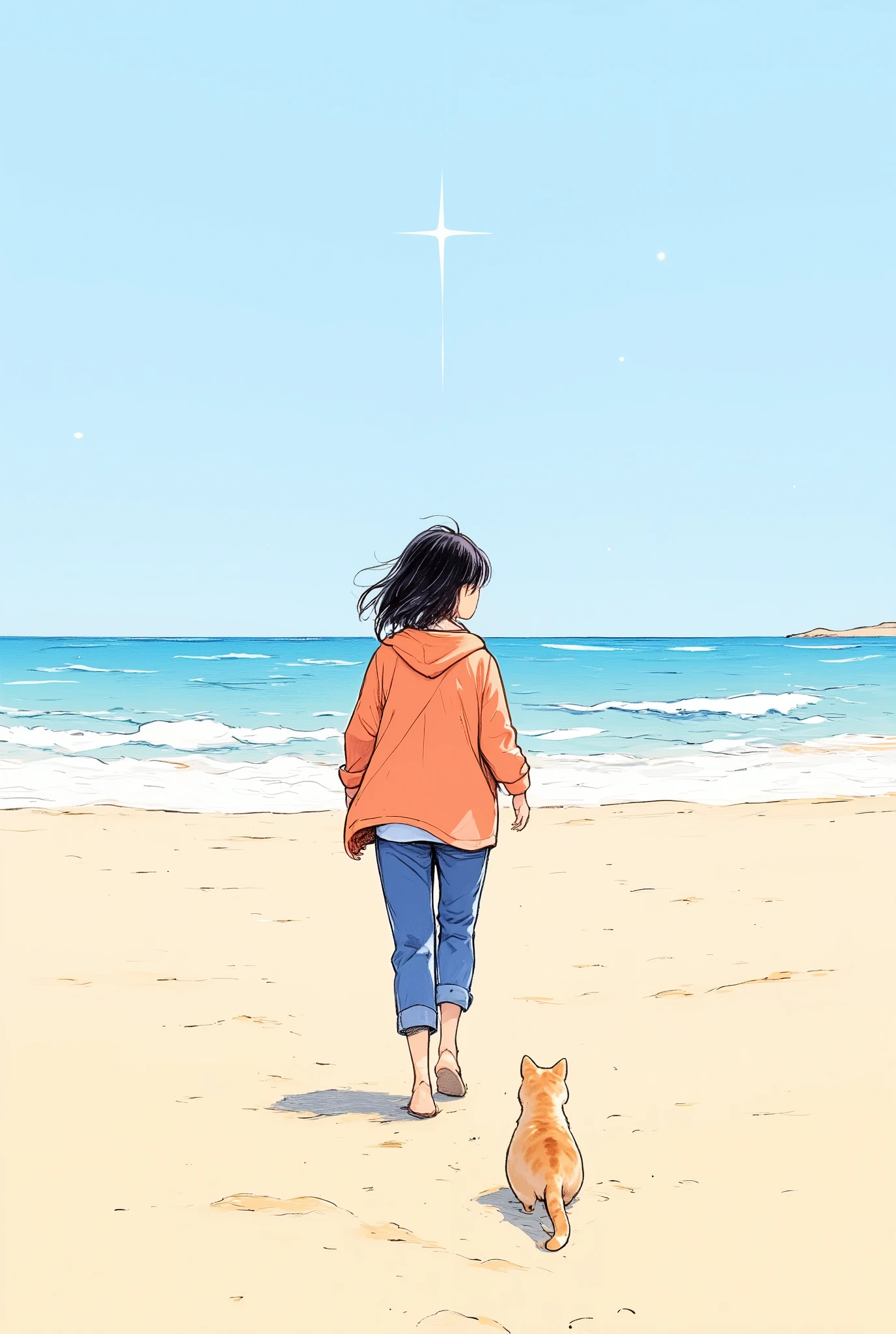 Masterpiece, illustration, vector art, little characters , Japanese , 1 girl, shortcuts, black hair, detailed face, ORANGE JACKET , white Y shirt,blue pants ,(Back view of a woman walking on a sandy beach and a calico cat :2.0),( The sparkling sand and ocean spreads out in front of you:2.0)