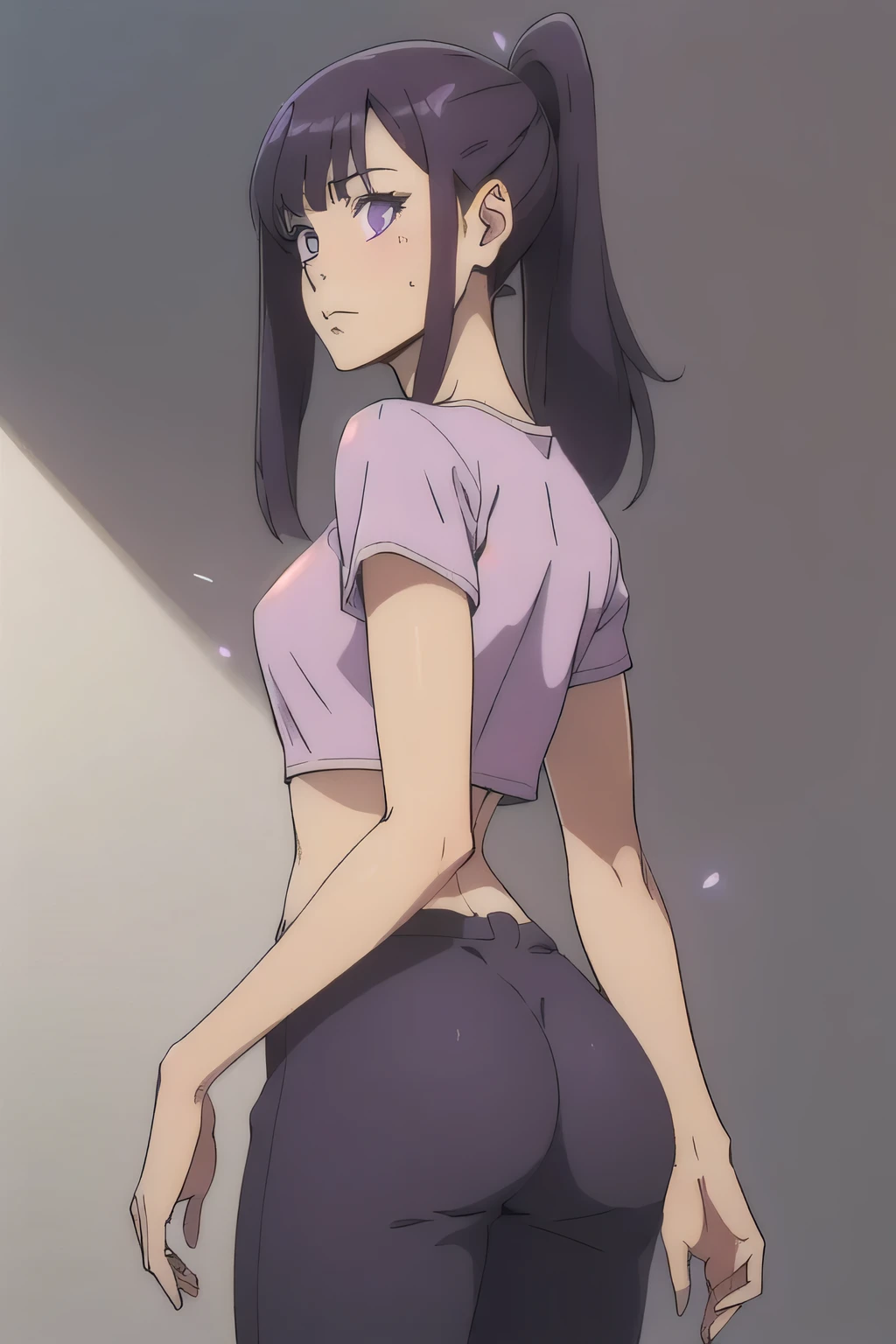 1 girl in, 18, photo of Sung Jinha, Solo Levelling Waifu, photo of perfect woman, Solo, Aesthetic artwork, (long hair, straight purple hair, long ponytail, dark purple hair, bangs: 1.25), (violet eyes, clear skin, fare skin, small breasts, B-cup, runners body, very thin waist, skinny, petite, detailed skin texture, (Masterpiece), (shot from behind, focus on ass:1.2), (blank background, plain background, blank wall, (wearing an low rise sweatpants, grey sweatpants, pink cropped t-shirt, crop top, pink shirt, cropped pink), (extremely detailed 8k wallpaper), soft lighting, high quality, film grain, 50mm, High Detail, Sharp focus, (natural light), (cowboy photo:1.2), light particles