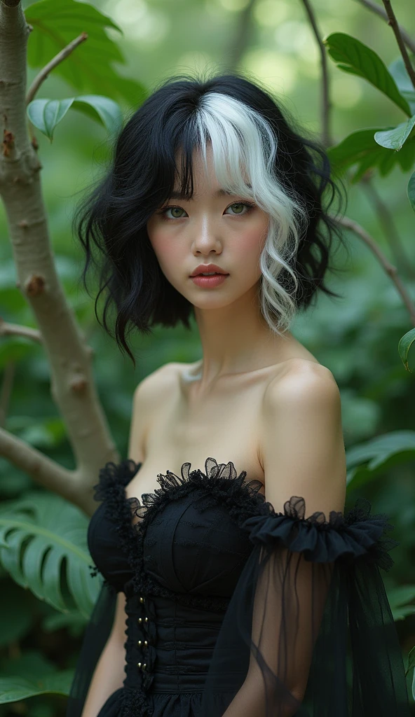 (((Masterpiece, top quality, super detailed))), One doll-like female in gothic lolita fashion, , accurate anatomy (beautiful gray eyes,very beautiful slitted eyes, delicate, lonely, beautiful eyes,thin nose, small mouth, thin lips, thin body, slightly long neck, slightly thin shoulders, long thin arms, long thin legs), accurate pose (facing forward), exact make-up (unhealthy complexion, natural make-up, natural and natural very light pink lipstick), exact skin (clear white, perfectly smooth), exact hair (bright clean silver hair, curled lengthwise silver, long, windswept hair), accurate costume (black dress with ruffles, lace and black roses, black dress with visible shoulders and bust), accurate lighting (dim low light, oblique light) photographic equipment (SLR, single focus lens), settings (f/1.8, S400, ISO 100), accurate background (plain black), A highly realistic photograph that accurately captures the entire body, (((a dramatic leap in overall precision, creating a super detailed and realistic image))),(Are thin),(Flat Chest),(Beautiful girl with slender body),