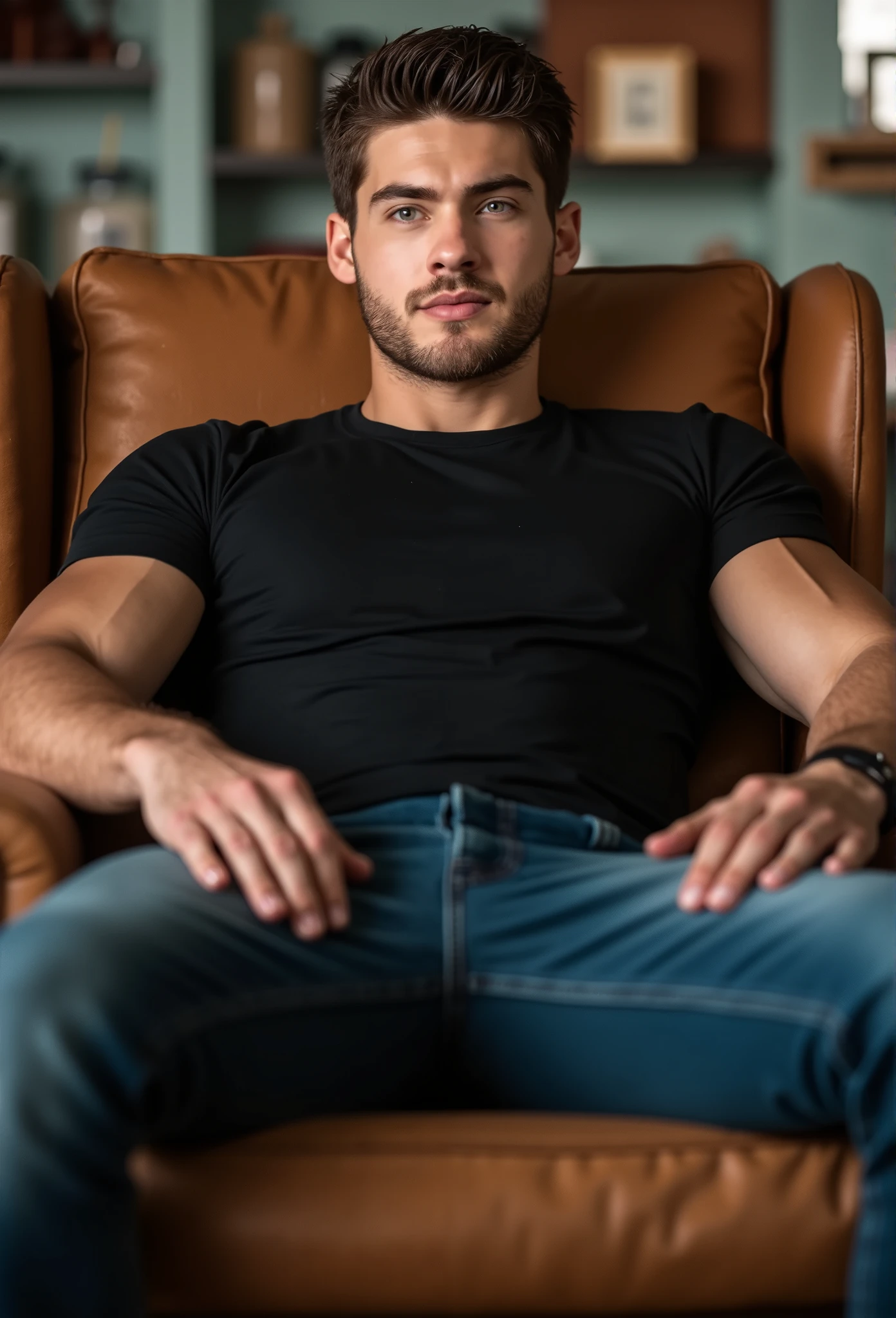 Cody Christian. This image is a high-quality photograph featuring Cody Christian sitting on an old worn lounge chair, he is leaning back into lounge chair with his legs spread wide apart. Frat house background. He has a fit, muscled build and light skin. He has short, neatly styled brown hair and a trimmed beard. Cody Christian is wearing a tight fitting, short-sleeved, black plain t-shirt, the fabric is tight across his chest and shoulders. He is wearing tight fitted denim jeans, that highlight both his strong legs and his realistic big dick print.
