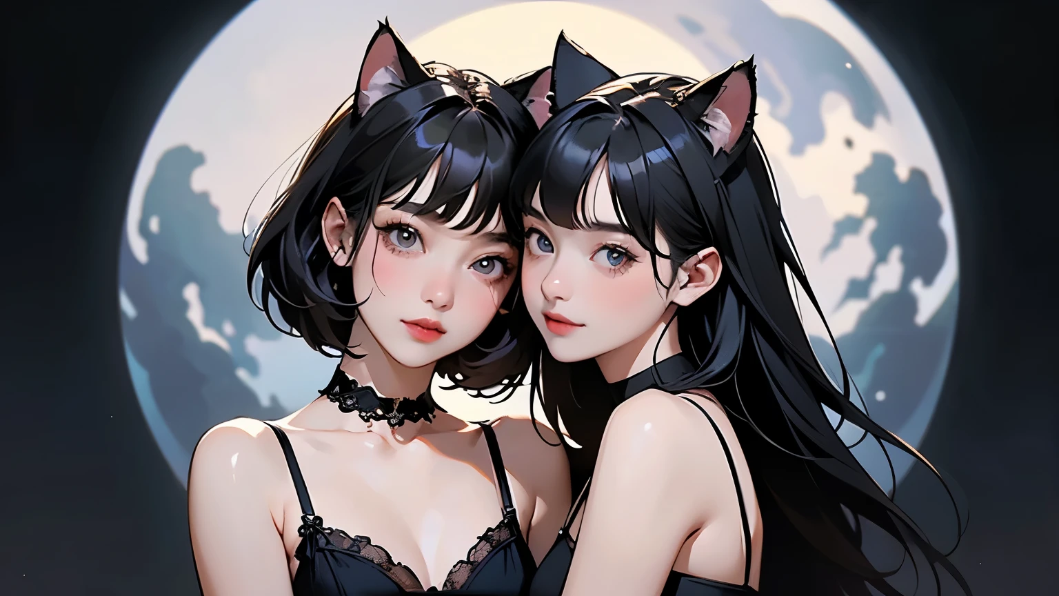 ( two girls :1.2)、whole body、( Gothic World Tea Party :1.2)、( gothic fashion :1.2)、( they are kissing each other )、 ( 、Please draw a cute face in detail )、 black hair、 short hair while on a business trip、 semi-long、 Bob Cut、 bangs、 hair ornament、(Cat ears)、 black cat costume、 White cat costume 、 choker 、( lingerie to raise armpits)、 off shoulder 、 sexy mini dress、, , , Attractive Smile、 small breasts、 soft focus、 Cinematic Light 、Soft light、 ( simple background)、( Dark Background )、(( plain background ))、(Full moon in the night sky:1.2)、4K Anime Art、( best quality , Masterpiece, high resolution)、