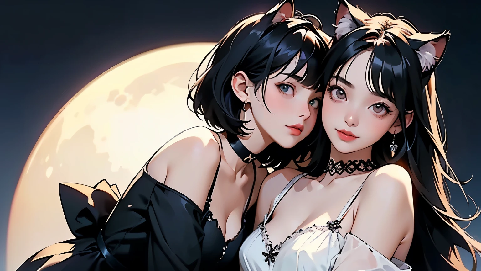 (    two girls :1.2)、whole body、(   Gothic World Tea Party   :1.2)、(    gothic fashion  :1.2)、(     they are kissing each other     )、 (    、Please draw a cute face in detail   )、     black hair、    short hair while on a business trip、    semi-long、    Bob Cut、 bangs、     hair ornament、(Cat ears)、    black cat costume、   White cat costume      、    choker 、(    lingerie to raise armpits)、      off shoulder   、    sexy mini dress、, , ,  Attractive Smile、    small breasts、    soft focus、      Cinematic Light   、Soft light、 (     simple background)、(   Dark Background   )、((  plain background    ))、(Full moon in the night sky:1.2)、4K Anime Art、(    best quality    , Masterpiece,    high resolution)、