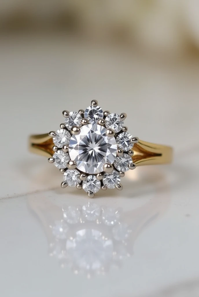 Une photo de bague marguerite en diamants, with a fairly large round central diamond and 8 diamonds around. the two upper and lower diamonds slightly larger than the rest of the surround, set in white gold , and on a golden ring that separate in a fine fork on both sides of the ring .