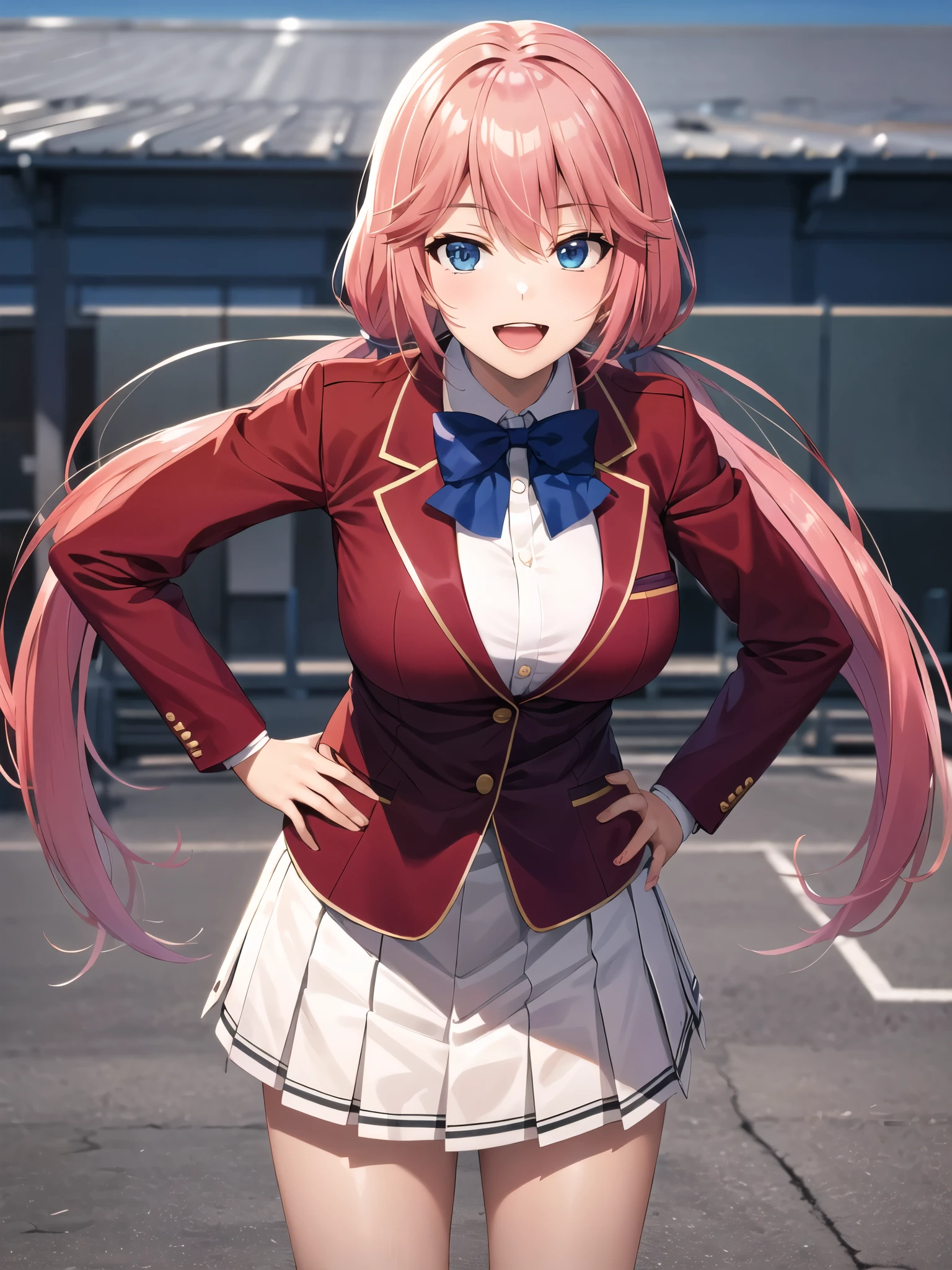 masterpiece, best quality, highres, 1girl, solo, long hair, pink hair, twintails, blue eyes, large breasts, school uniform, blue bowtie, blazer, red jacket, long sleeves, white skirt, hand on hip, building roof ,outdoor, standing, cowboy shot,smile ,open mouth