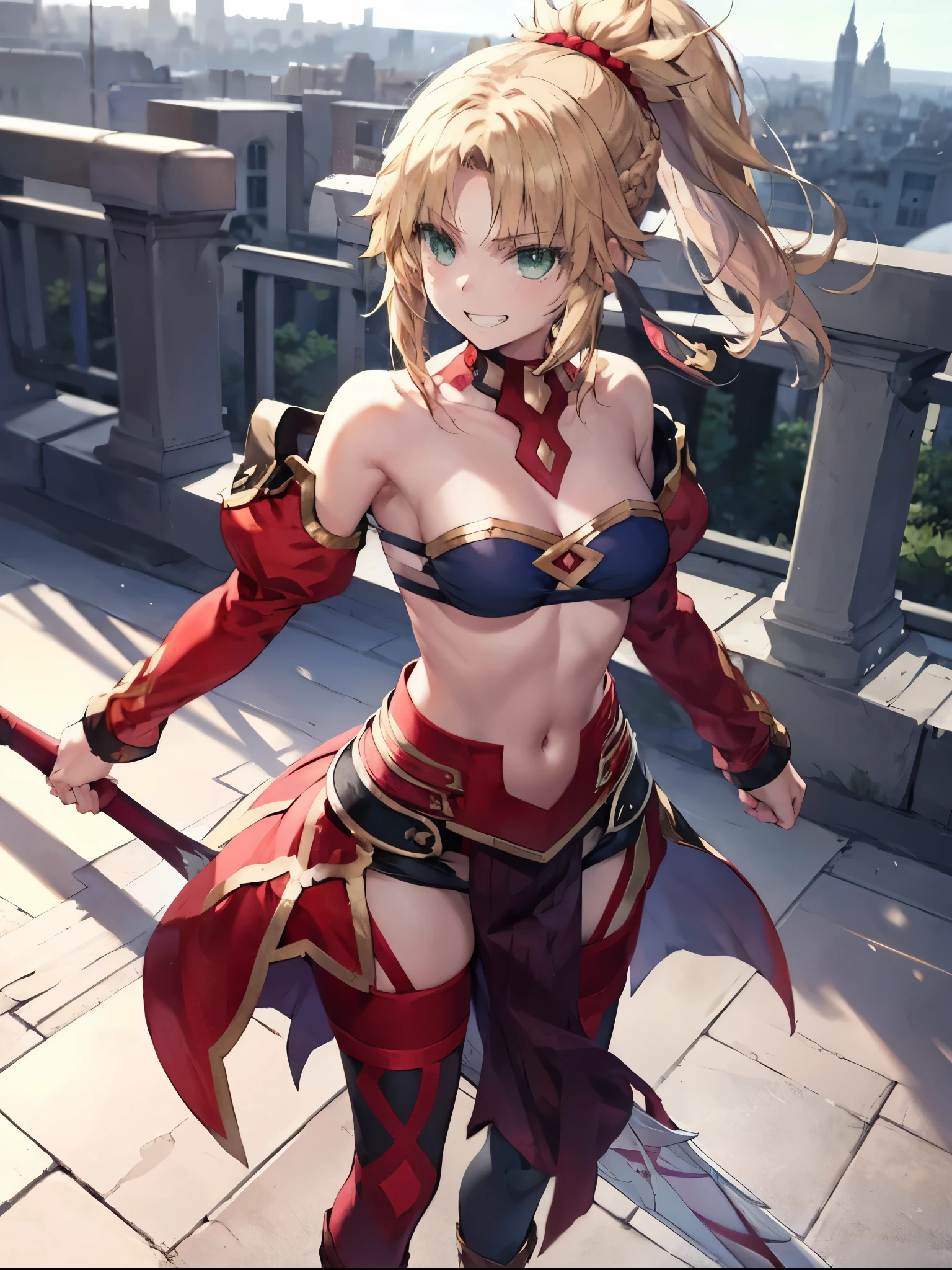((greatest masterpiece:1.3, ultimate quality:1.3, ultra-detailed:1.2)), (movie lighting), ((perfectly sensual)), super fine illustration, an extremely delicate and beautiful, 4K, 8K, 16K, UHD, 1girl, solo, Mordred (Fate Grand Order),  gorgeous blonde hair, short ponytail, lustrous emerald eyes, voluptuous, cleavage, well-proportioned feminine body, anatomically perfect, detailed beautiful face, confident smile, perfect posture, battle stance, wielding sword, erotic armor, suspender bikini armor, highly revealing, bare shoulders, midriff, zettai ryouiki, cinematic angle, official artwork, bold composition, alluring image, perfect AI assist, world-class masterpiece,