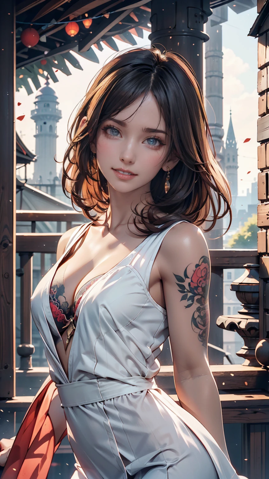 Linda mulher corpo todo tatuado , crossed arms short hair bangs, rosa sorrindo