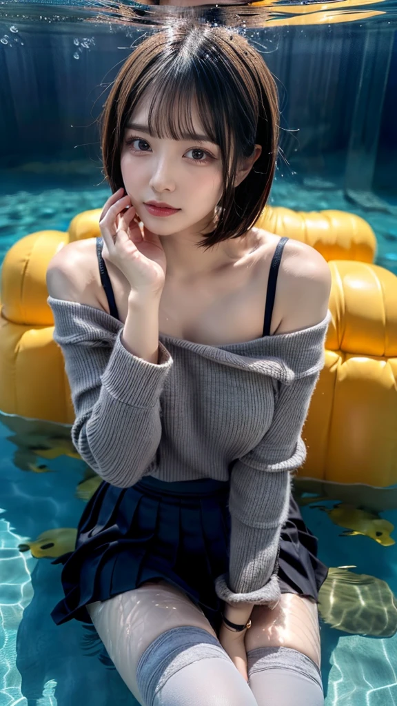 best quality, photorealistic, 8k, high res, 1girl, woman, (skindentation), (portrait:0.6), gorgeous, ((poolsidebackground:1.8)), ((smallsize round breast, highnecksweater:1.85)), straight-looking at viewer:1.8, (1girl eyes looking at viewer, medium-length hair,  brownhair, partedbangs:1.65), photorealistic, (bokeh), (closed mouth:1.46), gorgeous, pureerosface_v1,